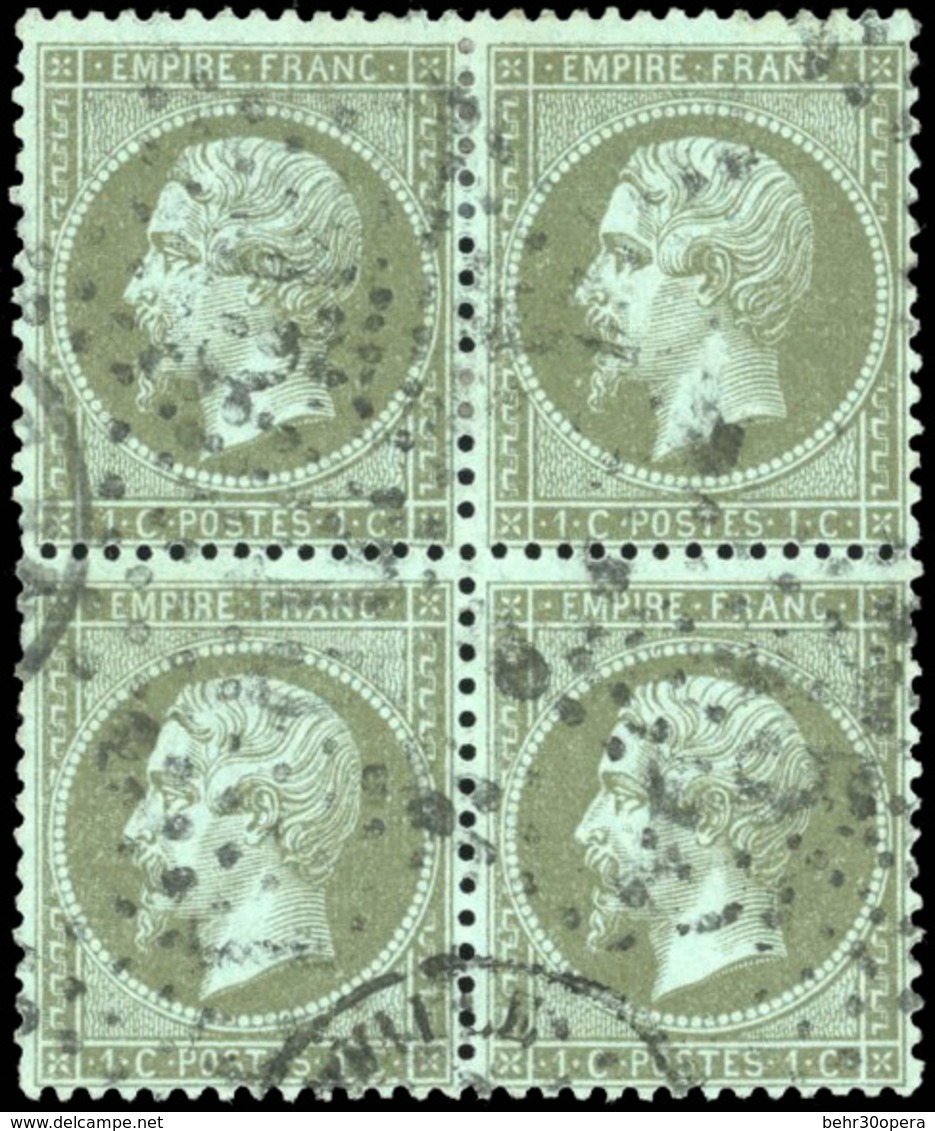 O N°19, 1c. Olive. Bloc De 4. Obl. TB. - 1862 Napoléon III