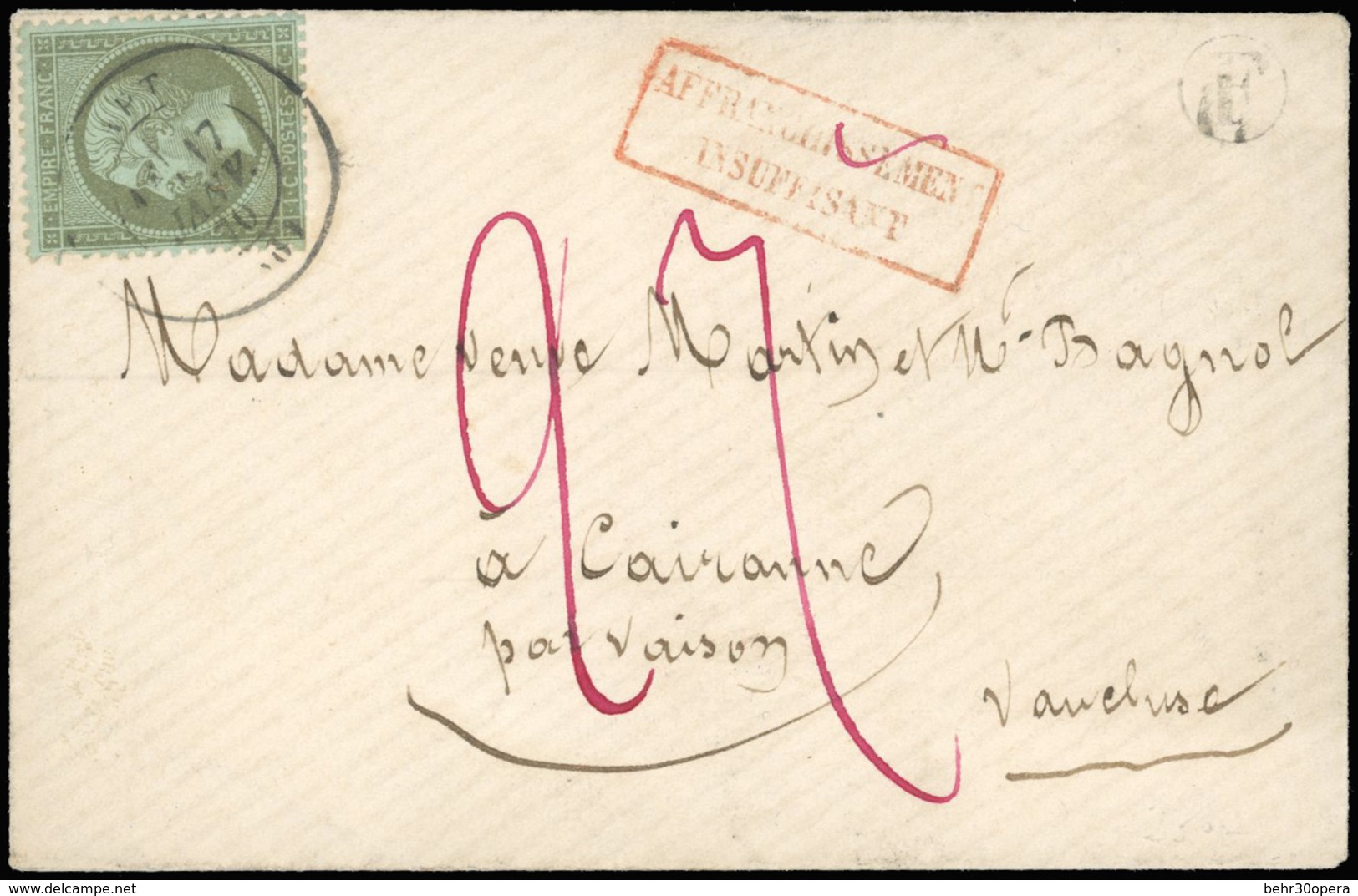 O N°19, 1c. Olive Obl. S/lettre Frappée Du CàD D'APT Du 17 Janvier 1870 à Destination De CAIRANNE - VAUCLUSE. Lettre Tax - 1862 Napoléon III