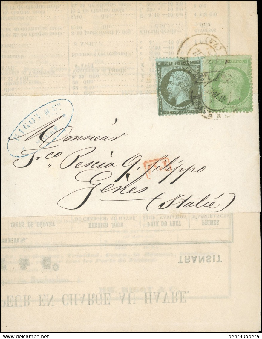 O N°1920, 1c. Olive + 5c. Vert Obl. Sur Document Frappé Du CàD Du 3 AVRIL 1867 à Destination De GENES-ITALIE. Arrivée Le - 1862 Napoléon III
