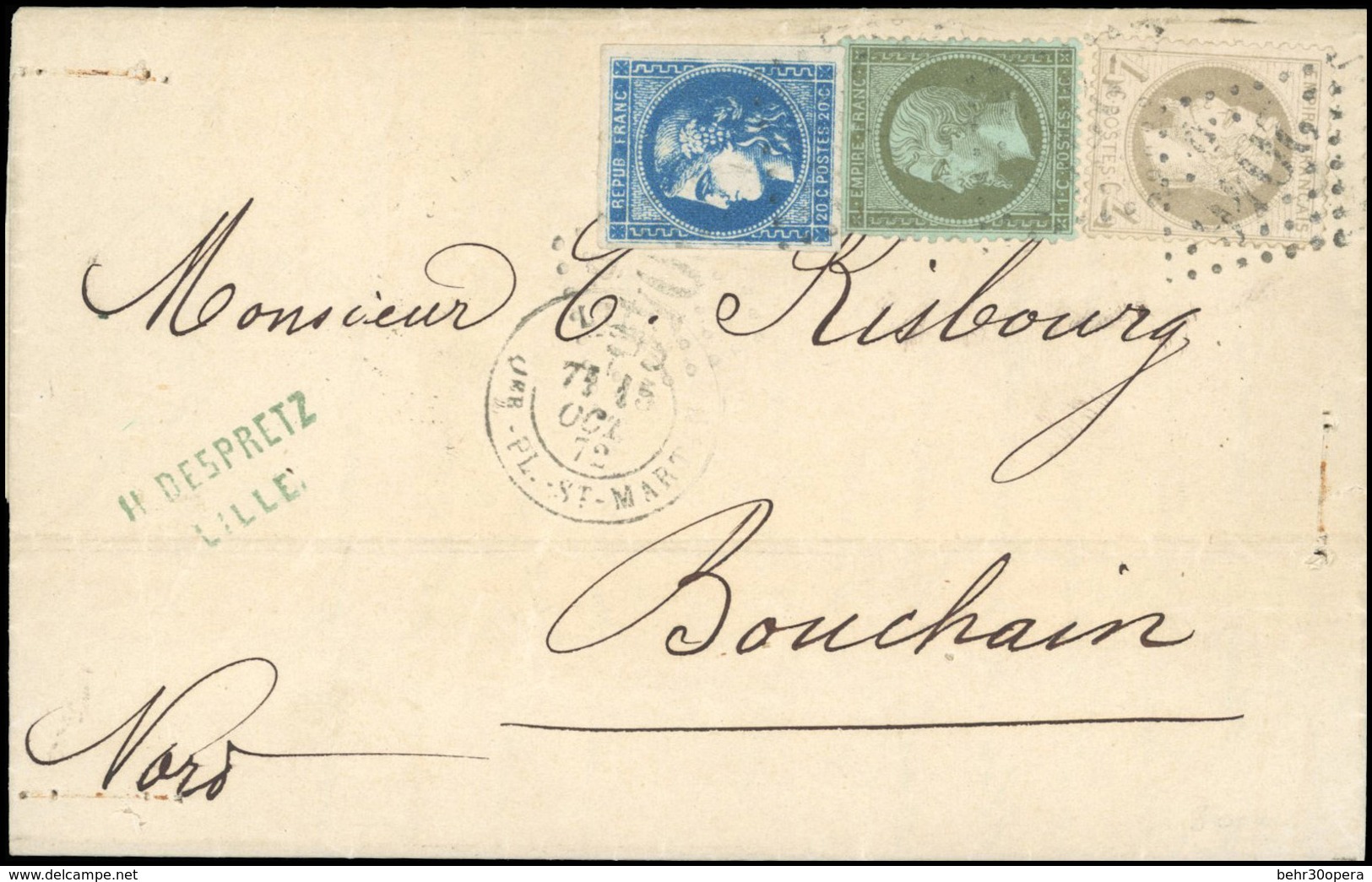O N°1973, 1c. Olive + 4c. Gris + 20c. Bleu Obl. GC 2046 S/lettre Frappée Du CàD De LILLE - PL. ST-MARTIN Du 15 Octobre 1 - 1862 Napoléon III