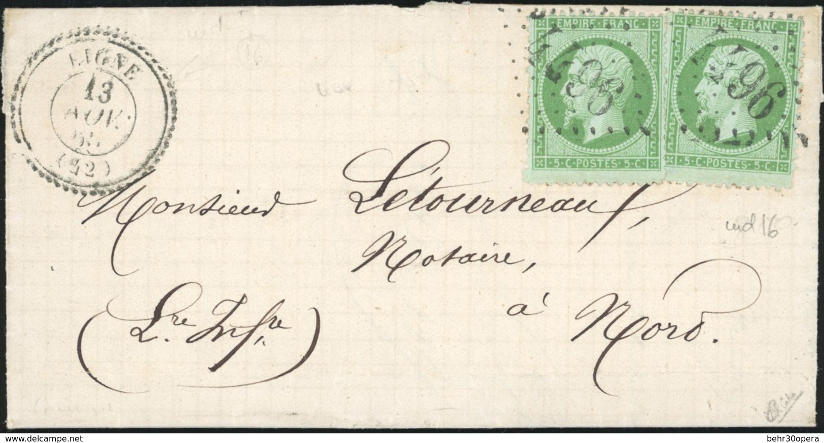 O N°20x 2, 5c. Vert X 2 Obl. GC 4496 S/lettre Frappée Du CàD Perlé De LIGNE Du 13 Novembre 1865 à Destination De NIORT.  - 1862 Napoleon III