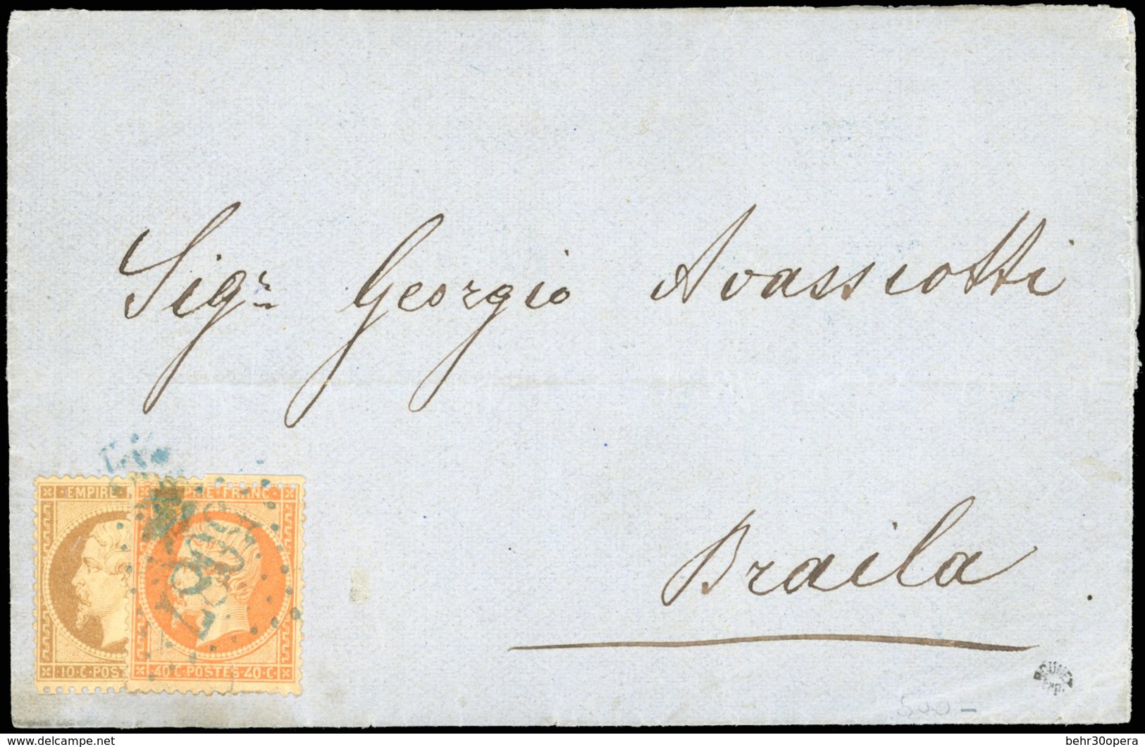 O N°2123, 10c. Bistre + 40c. Orange Obl. GC 5087 S/lettre à Destination De BRAILA. Au Verso Cachet D'arrivée Perlé Du 30 - 1862 Napoléon III