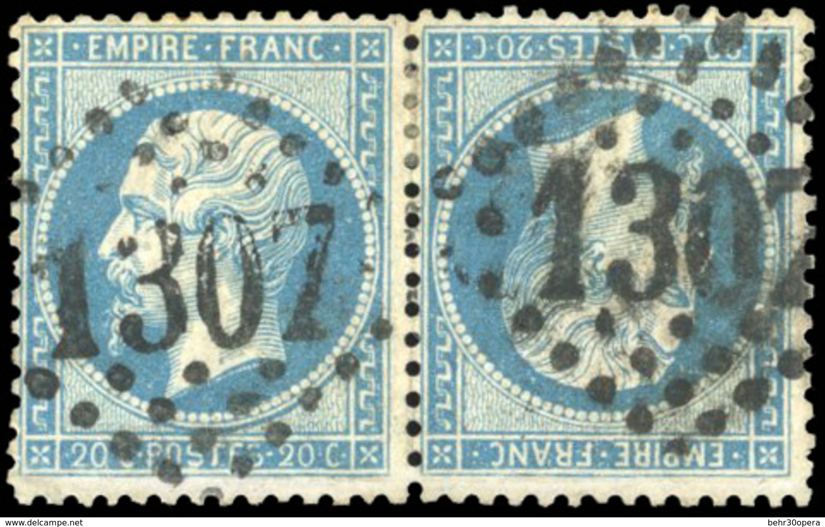 O N°22b, 20c. Bleu. Paire Tête-bêche. Obl. G.C. 1307. SUP. - 1862 Napoléon III