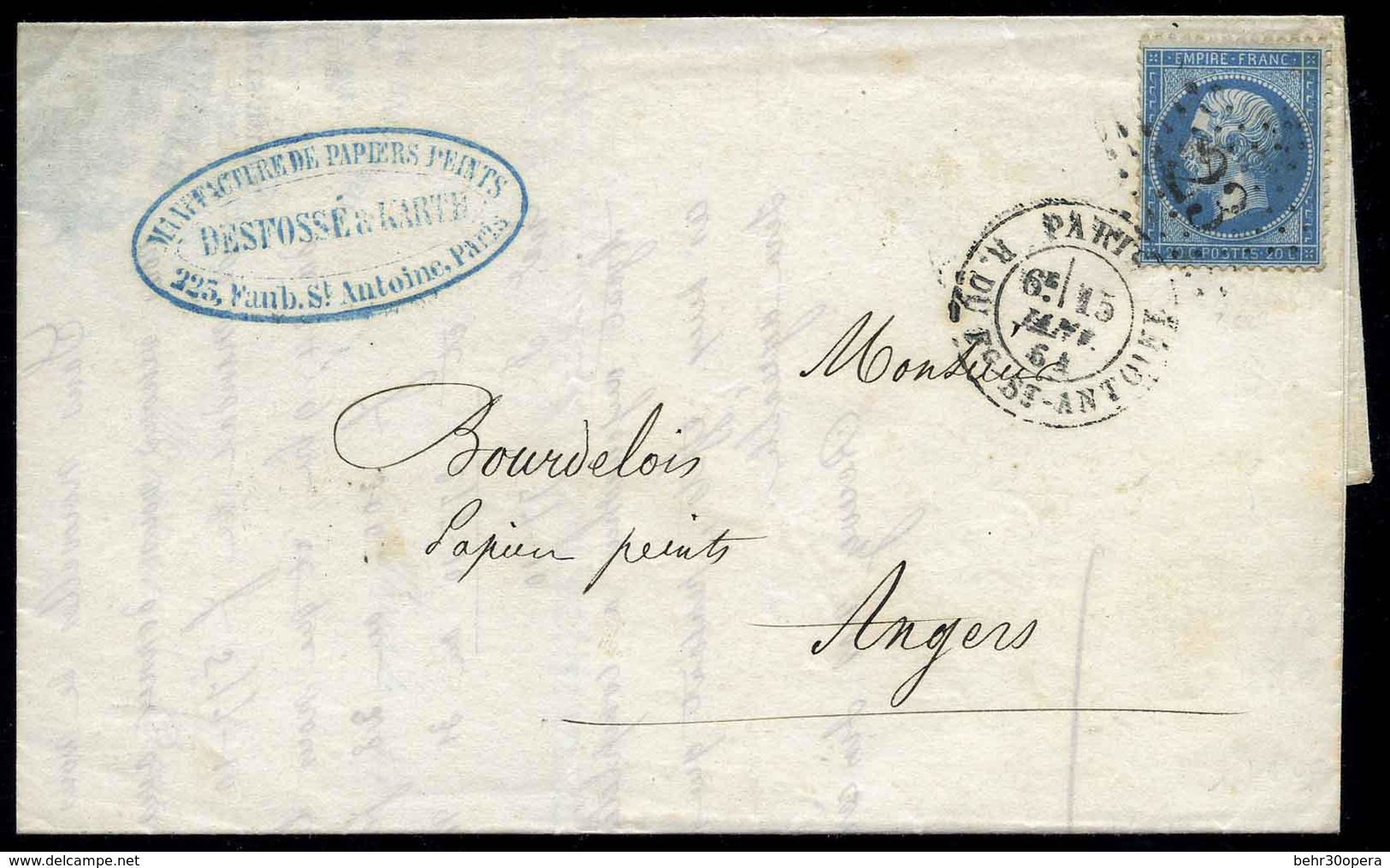 O N°22, 20c. Bleu. Obl. étoile Tronquée N°23. S/lettre Frappée Du CàD De PARIS Du 15 Janvier 64 à Destination D'ANGERS.  - 1862 Napoléon III