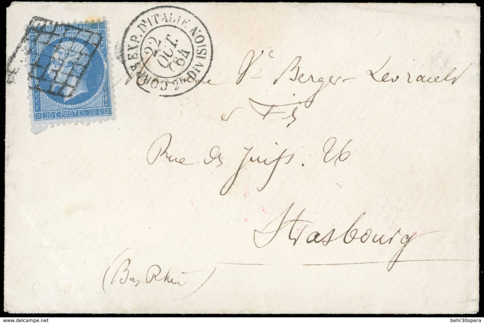 O N°22, 20c. Bleu Obl. Sur Lettre Frappée Du CàD Du CORPS EXP. D'ITALIE 2ème DIVISION Du 22 OCTOBRE 1864 à Destination D - 1862 Napoléon III