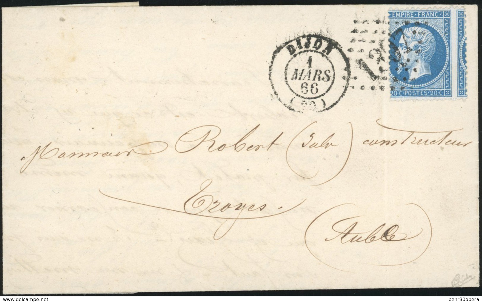 O N°22, 20c. Bleu Obl. GC 1397 S/lettre Frappée Du CàD De DIJON Du 1er Mars 1866 à Destination De TROYES. Arrivée Au Ver - 1862 Napoléon III