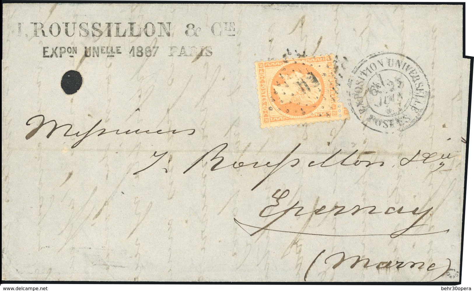 O N°23, 40c. Orange Obl. Losange ''EU'' S/lettre Frappée Du CàD EXPOSITION UNIVERSELLE POSTE Du 25 Juin 1865 à Destinati - 1862 Napoléon III