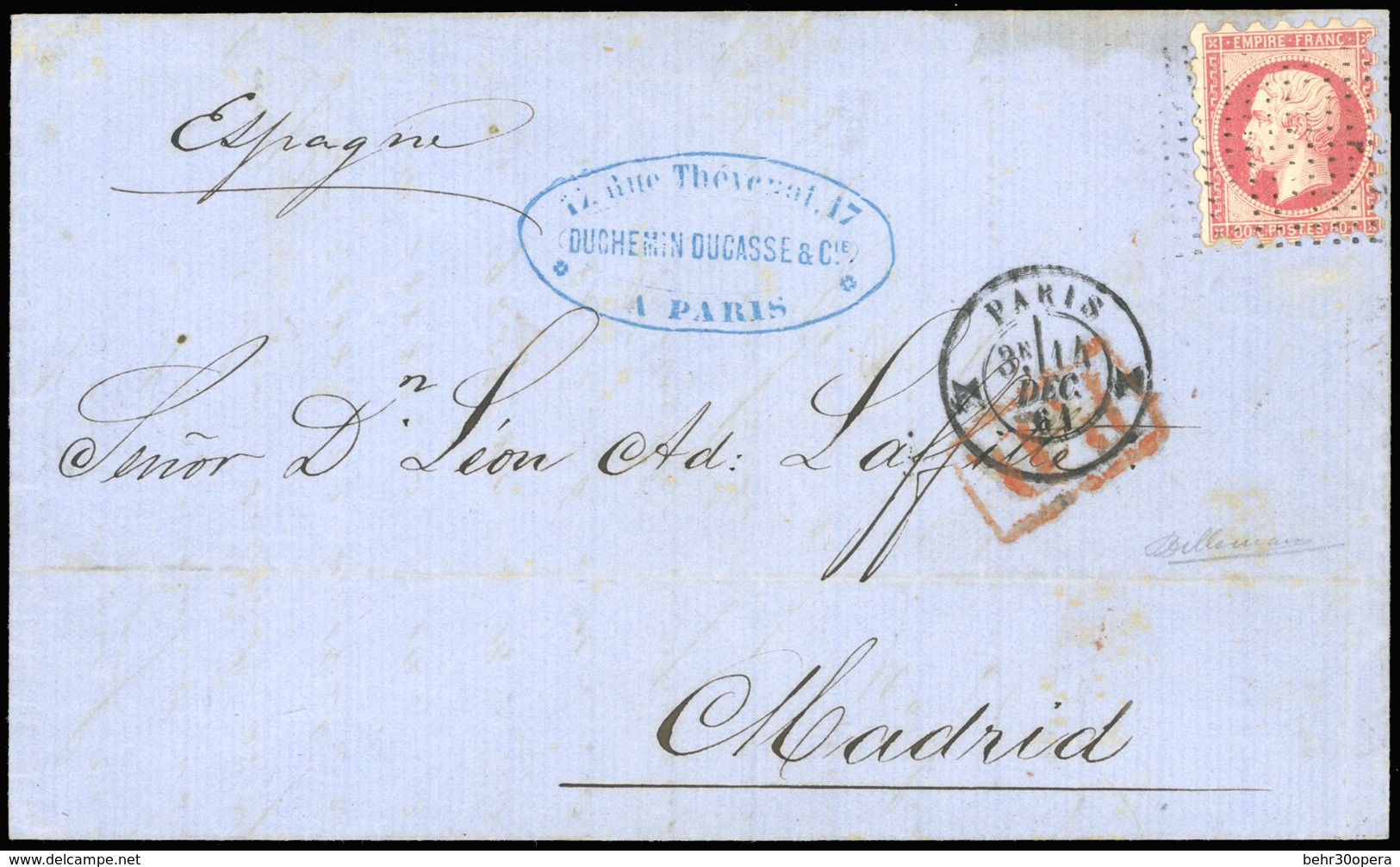 O N°24, 80c. Rose, Piquage Susse, Obl. Pointillés, S/lettre Frappée Du CàD Du PARIS Du 14 Décembre 1861 à Destination De - 1862 Napoléon III