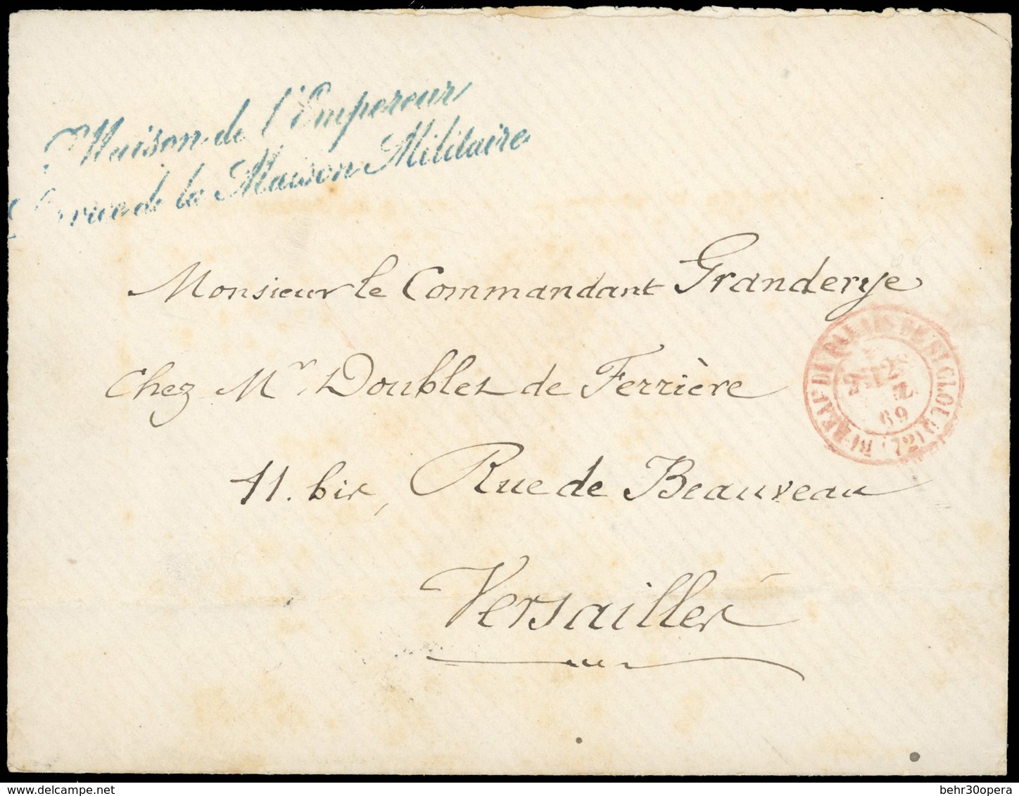 O Lettre Frappée Du CàD Rouge BUREAU DU PALAIS DE ST CLOUD (72) Du 28 JUILLET 1869 En Franchise à Destination De VERSAIL - 1863-1870 Napoléon III Lauré