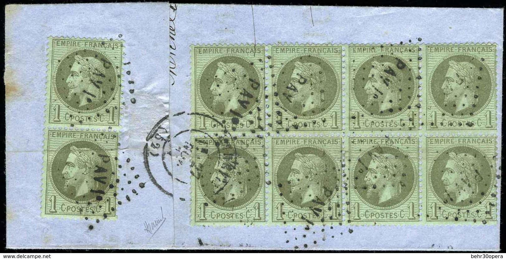 O N°25, 1c. Lauré, 1 Paire + 1 Bloc De 8 Obl. ''PAV1°'' Au Verso D'une Lettre Complète Mais Avec Un Timbre Manquant. TB. - 1863-1870 Napoléon III Lauré