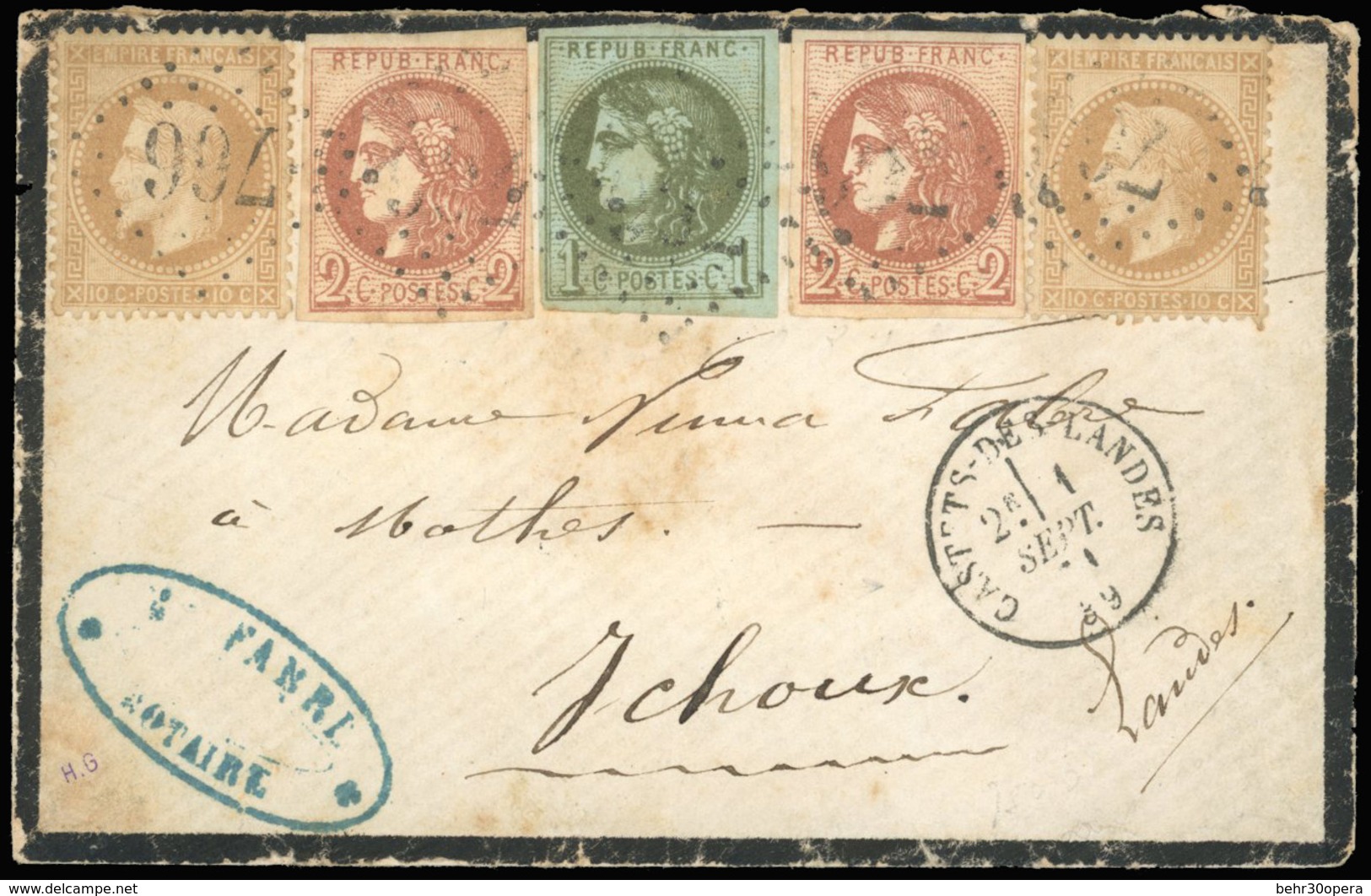 O N°28x2 +39 + 40x2, 10c. Bistre X 2 (1 Timbre Avec Déf.) + 1c. Olive + 2c. Chocolat X 2 Obl. GC 766 S/lettre Frappée Du - 1863-1870 Napoléon III Lauré