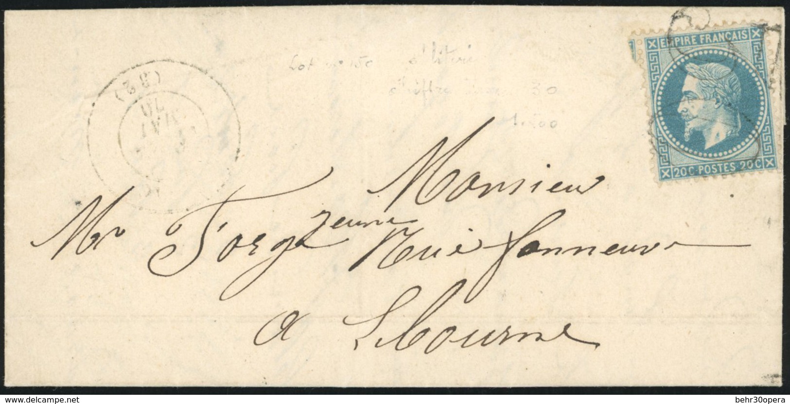 O N°29A, 20c. Bleu Obl. Du Cachet Taxe ''30'' S/lettre Frappée Du CàD De GENSAC Du 22 Mai 1870 à Destination De LIBOURNE - 1863-1870 Napoléon III Lauré