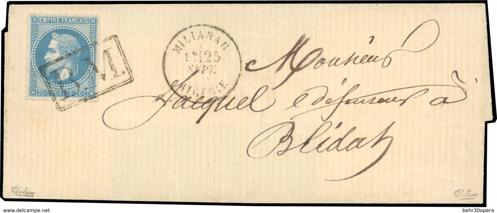 O N°29B, 20c. Bleu Obl. Cachet Encadré ''B.M'' (Boite Mobile) S/lettre Frappée Du CàD De MILIANA - ALGERIE Du 25 Septemb - 1863-1870 Napoléon III Lauré
