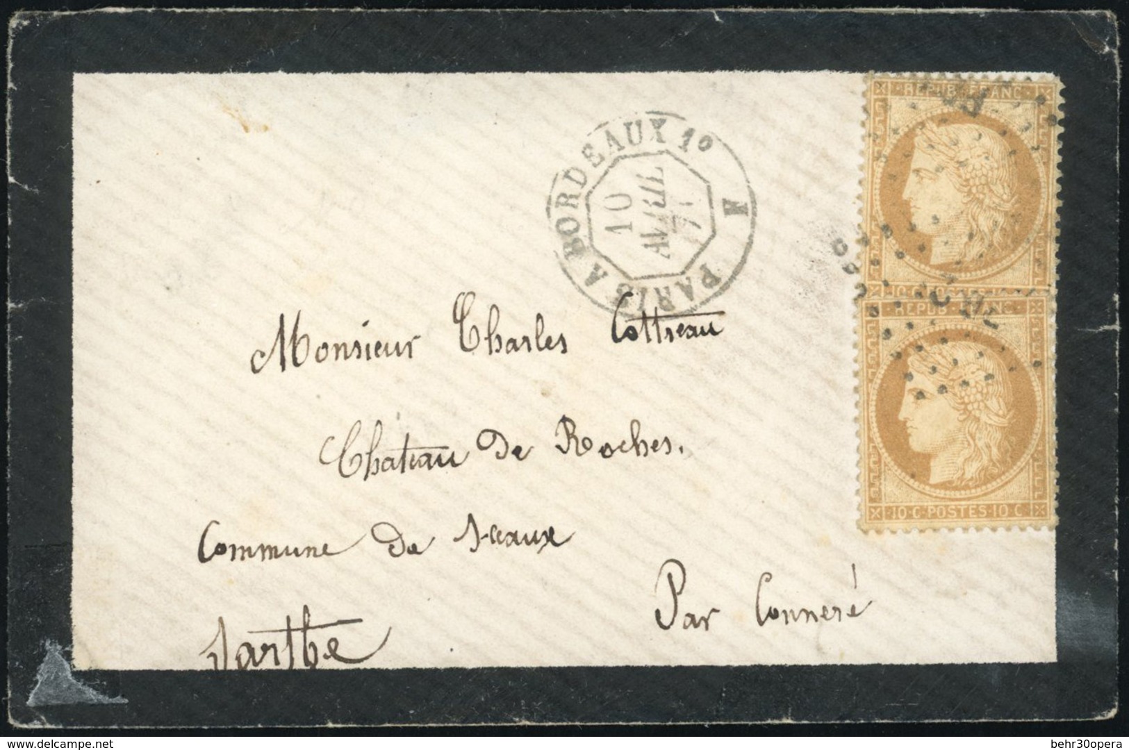 O N°36x 2, 10c. Bistre X 2 Obl. S/lettre Frappée Du Cachet De Ligne PARIS A BORDEAUX Du 10 Avril 1870 à Destination De C - 1870 Siège De Paris