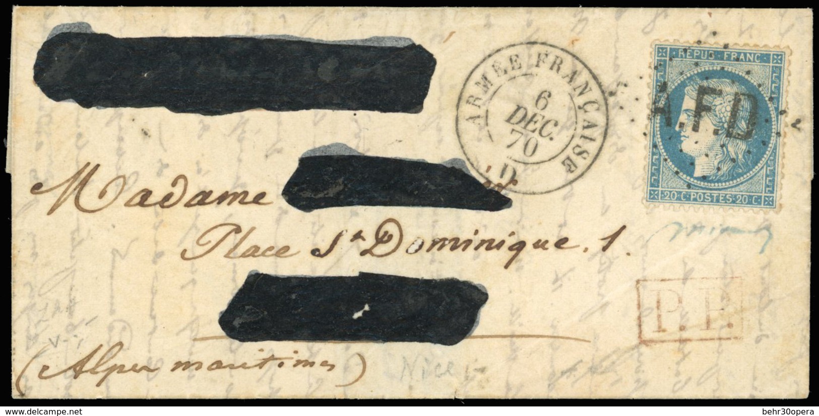 O N°37, 20c. Siège Obl. Losange ''A.F.D.'' S/lettre Frappée Du CàD ARMEE FRANCAISE D Du 6 Décembre 1870 à Destination De - 1870 Siège De Paris