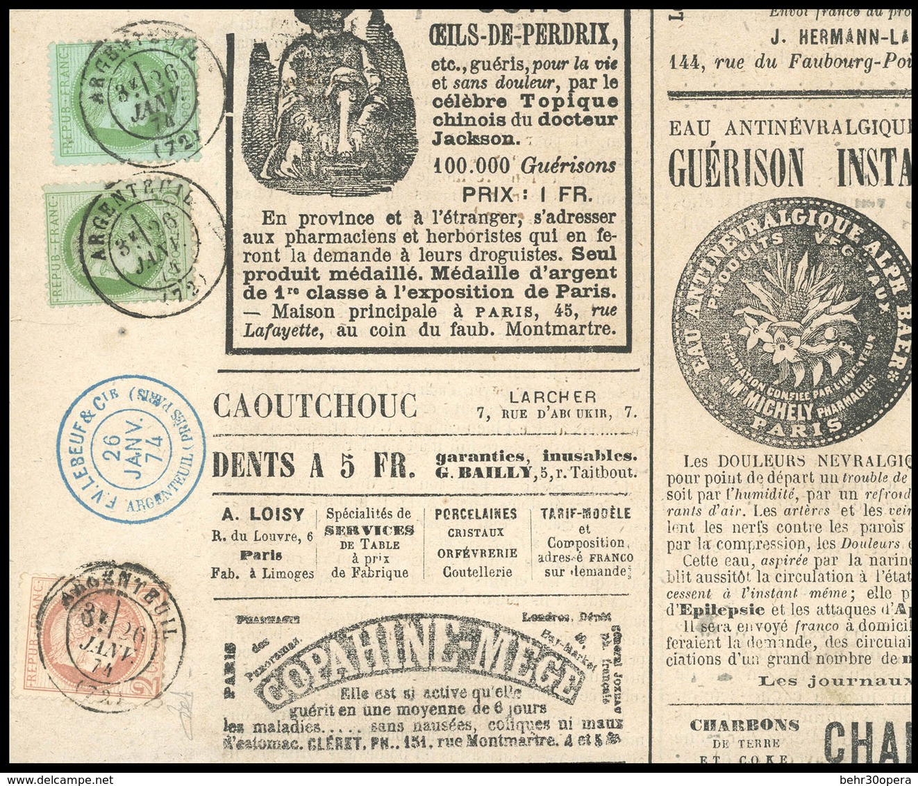 O N°5153, 2c. + 5c X 2 Obl. CàD ARGENTEUIL 26 JANV 74 S/journal Le Grelot, TB Et R. - 1871-1875 Cérès