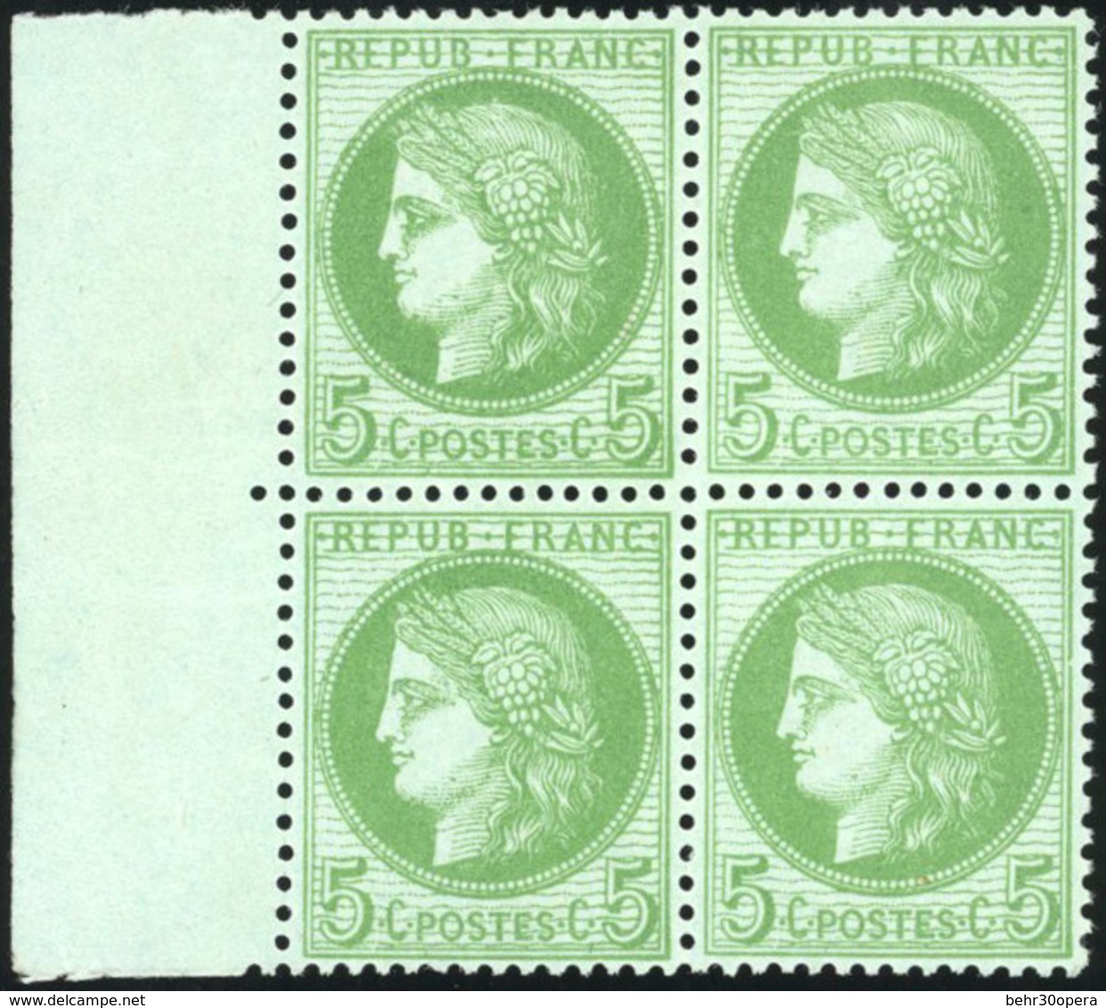 ** N°53, 5c. Vert-jaune S/azuré. Bloc De 4 Avec BdeF. Très Belle Nuance. SUP. - 1871-1875 Cérès