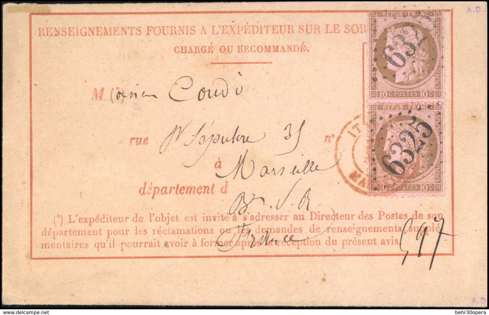 O N°54, Paire Du 10c. Brun S/rose Obl. GC 6325 S/Avis Rose Au Départ De MARSEILLE Du 13 Mai 1875 à Destination De NAPLES - 1871-1875 Cérès