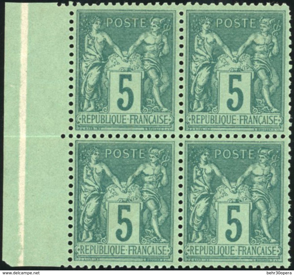 ** N°75e, 5c. Vert Foncé. Type II. Bloc De 4. BdeF. Très Bon Centrage. SUP. - 1876-1878 Sage (Type I)