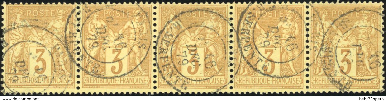 O N°86, 3c. Bistre. Bande De 5. Obl. TB. - 1876-1878 Sage (Type I)
