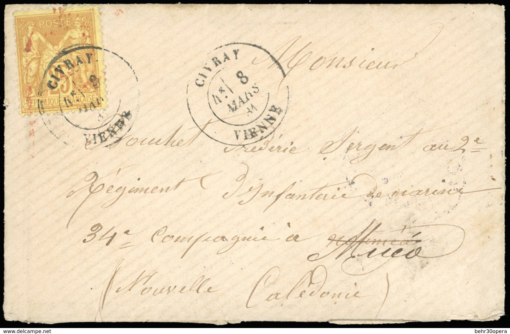 O N°92, 25c. Jaune-bistre Obl. S/lettre Frappée Du CàD De CIVRAY - VIENNE Du 8 Mars 1881 à Destination D'un Bagnard Du C - 1876-1878 Sage (Type I)