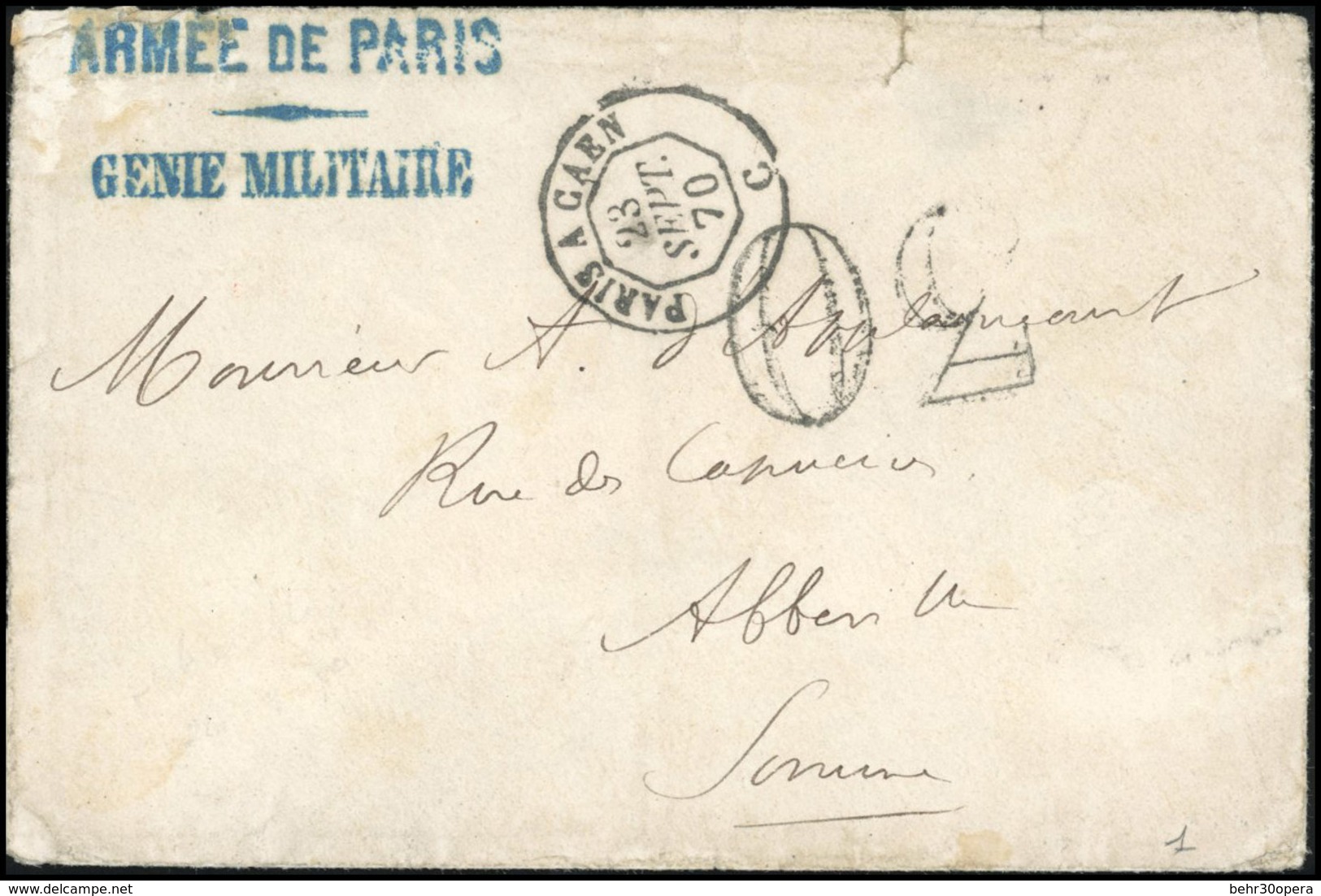 O LE NEPTUNE. Lettre, Non Affranchie, Portant La Griffe Bleue ''ARMEES DE PARIS - GENIE MILITAIRE'', Frappée Du CàD De P - Guerre De 1870