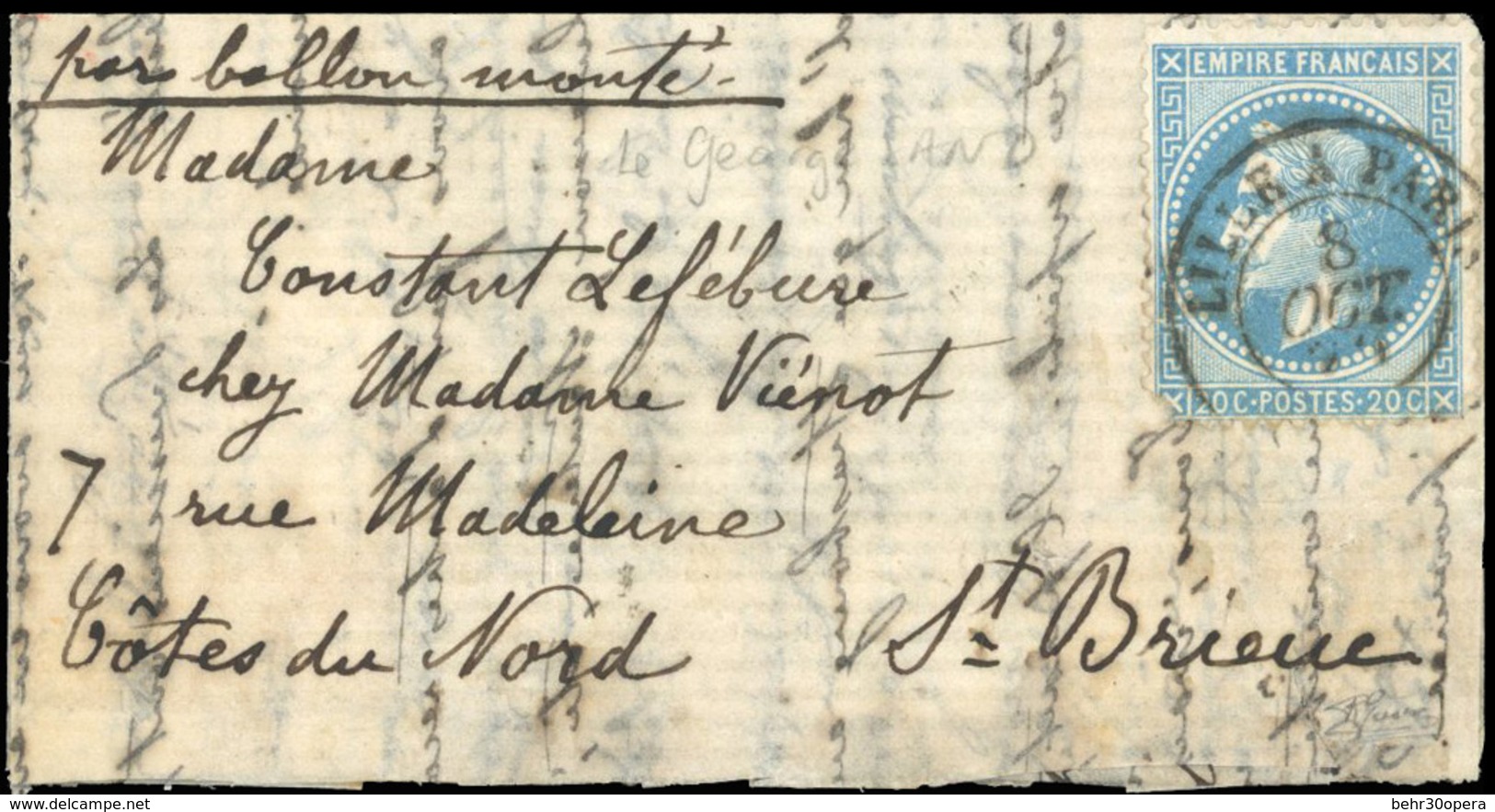 O N°29, Pli Confié Du GEORGES SAND. 20c. Lauré Obl. S/lettre Frappée Du CàD De LILLE A PARIS Du 8 Octobre 1870 à Destina - Guerre De 1870