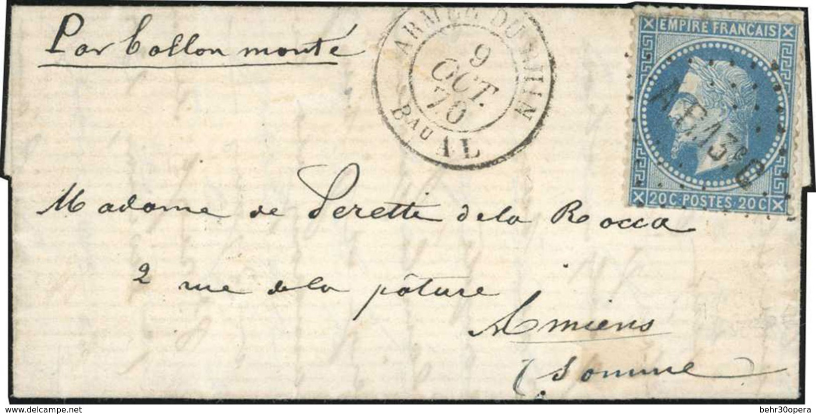 O N°29, LE LOUIS BLANC. 20c. Laurés Obl. Losange ''A.F. 13°C'' S/lettre Frappée Du Cachet ''ARMEE DU RHIN - Bau AL'' Du  - Guerre De 1870