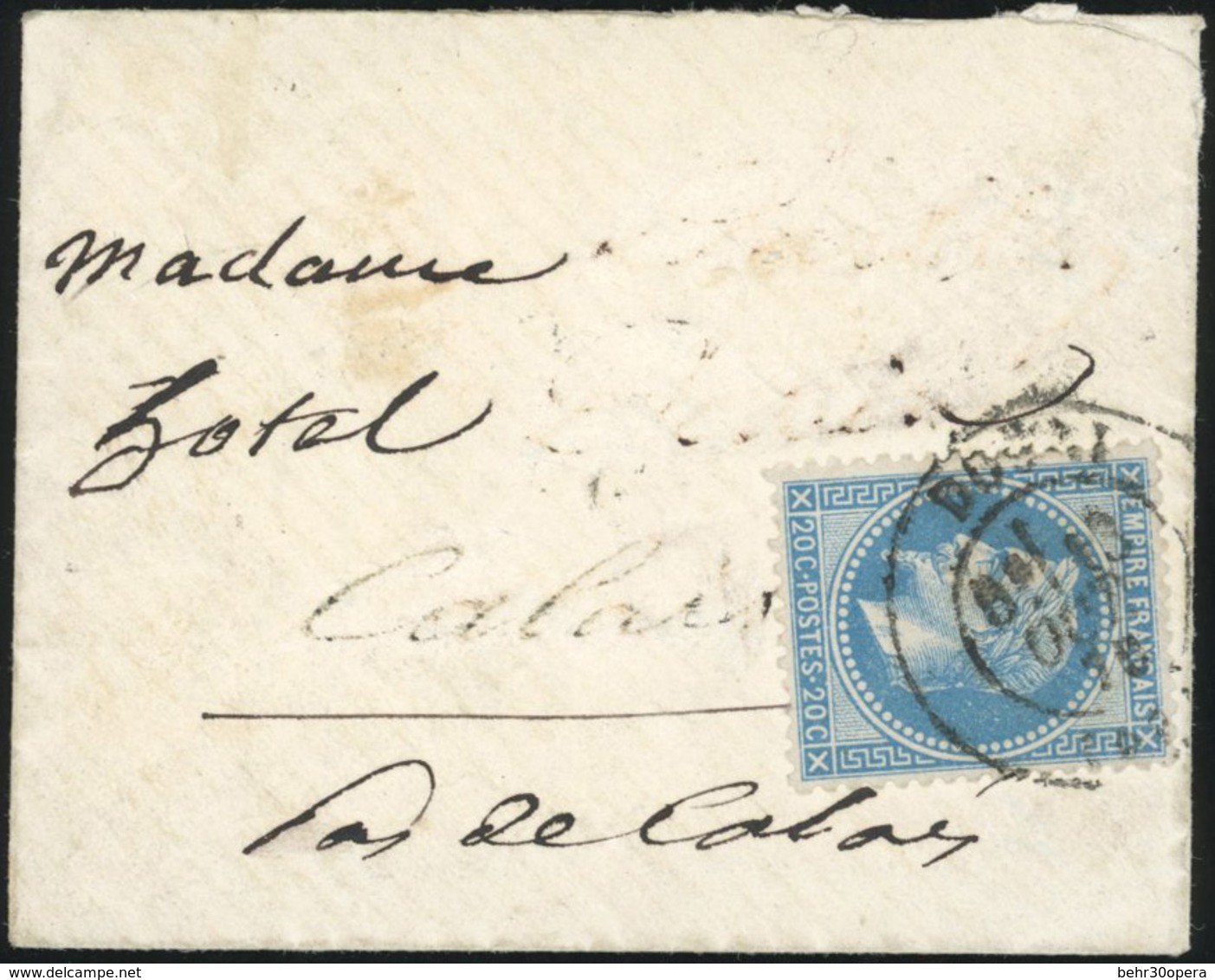 O N°29, Pli Confié Du WASHINGTON. 20c. Lauré. Obl. S/lettre De Paris Du CàD De DOUAI Du 13 Octobre 1870 à Destination De - Guerre De 1870