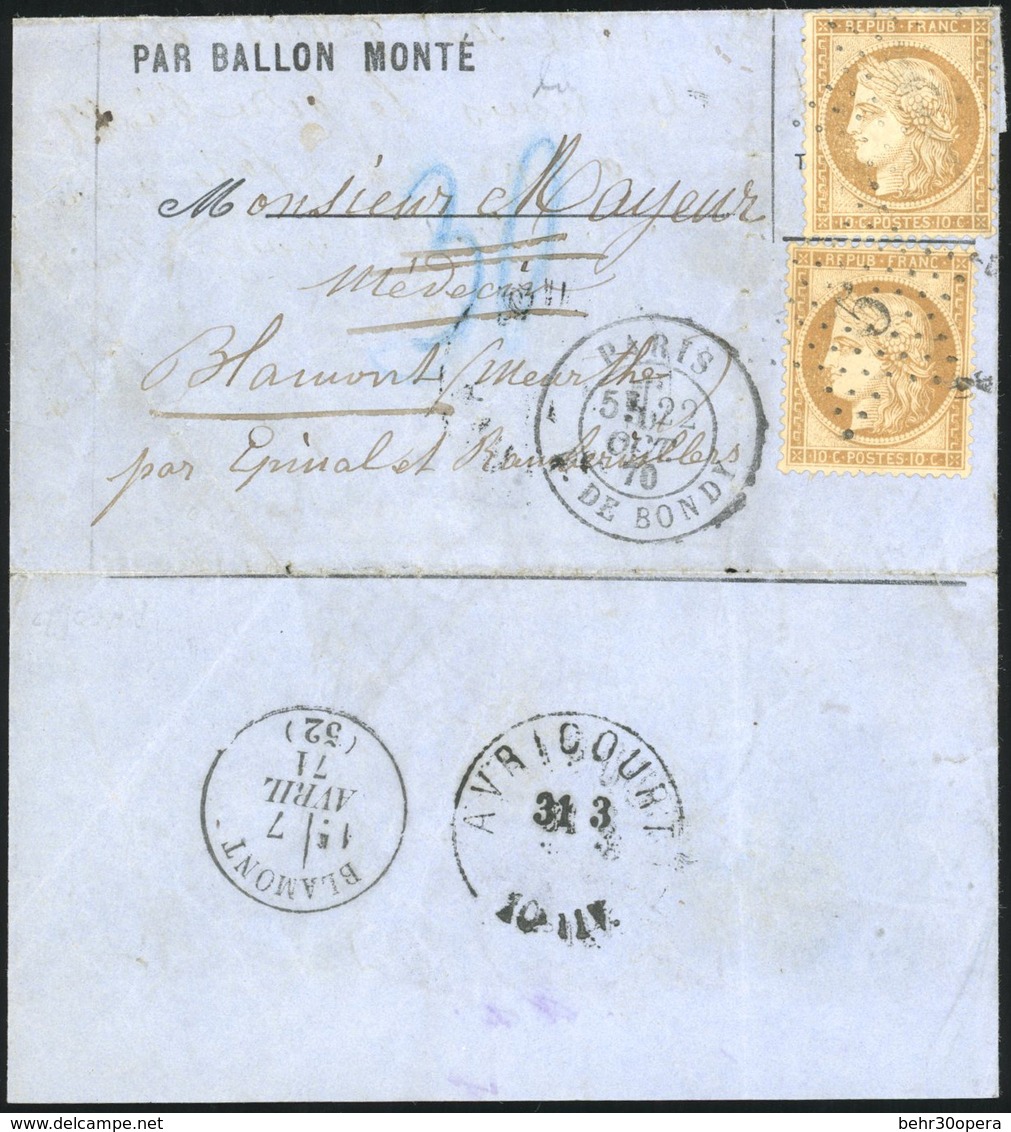 O N°36x 2, LE MONTGOLFIER. 10c. Siège X 2 Obl. GC 5 S/lettre ''PAR BALLON MONTE'' Frappée Du CàD De PARIS R. DE BONDY Du - Guerre De 1870