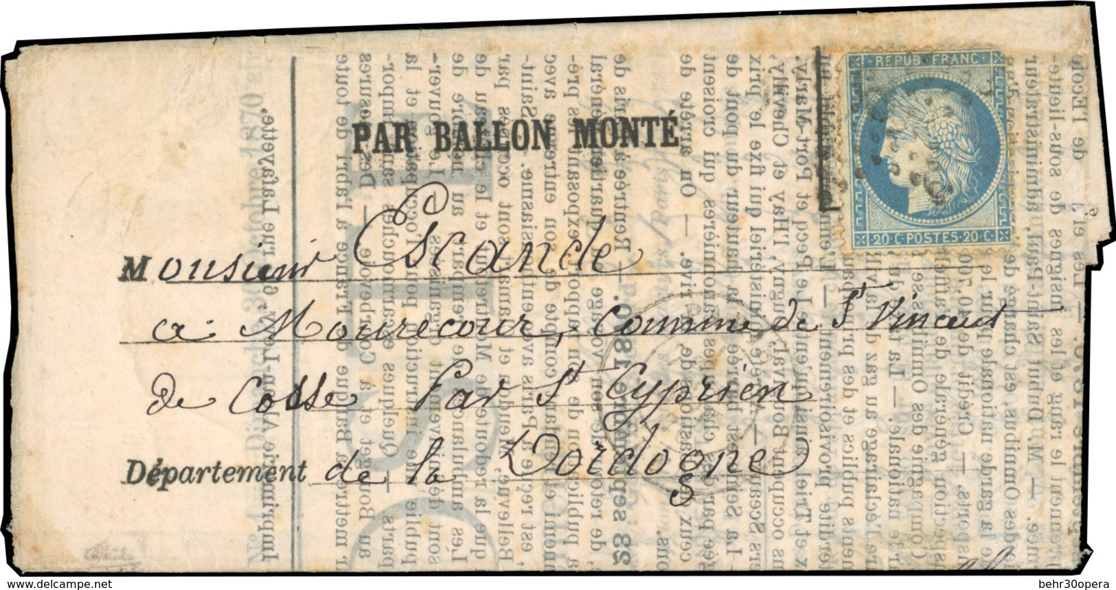 O N°37, LE FERDINAND FLOCON. 20c. Siège (déf.) Obl. étoile S/Ballon-Poste N°1 S/papier Saumon Frappé Du CàD De PARIS-SEN - Guerre De 1870