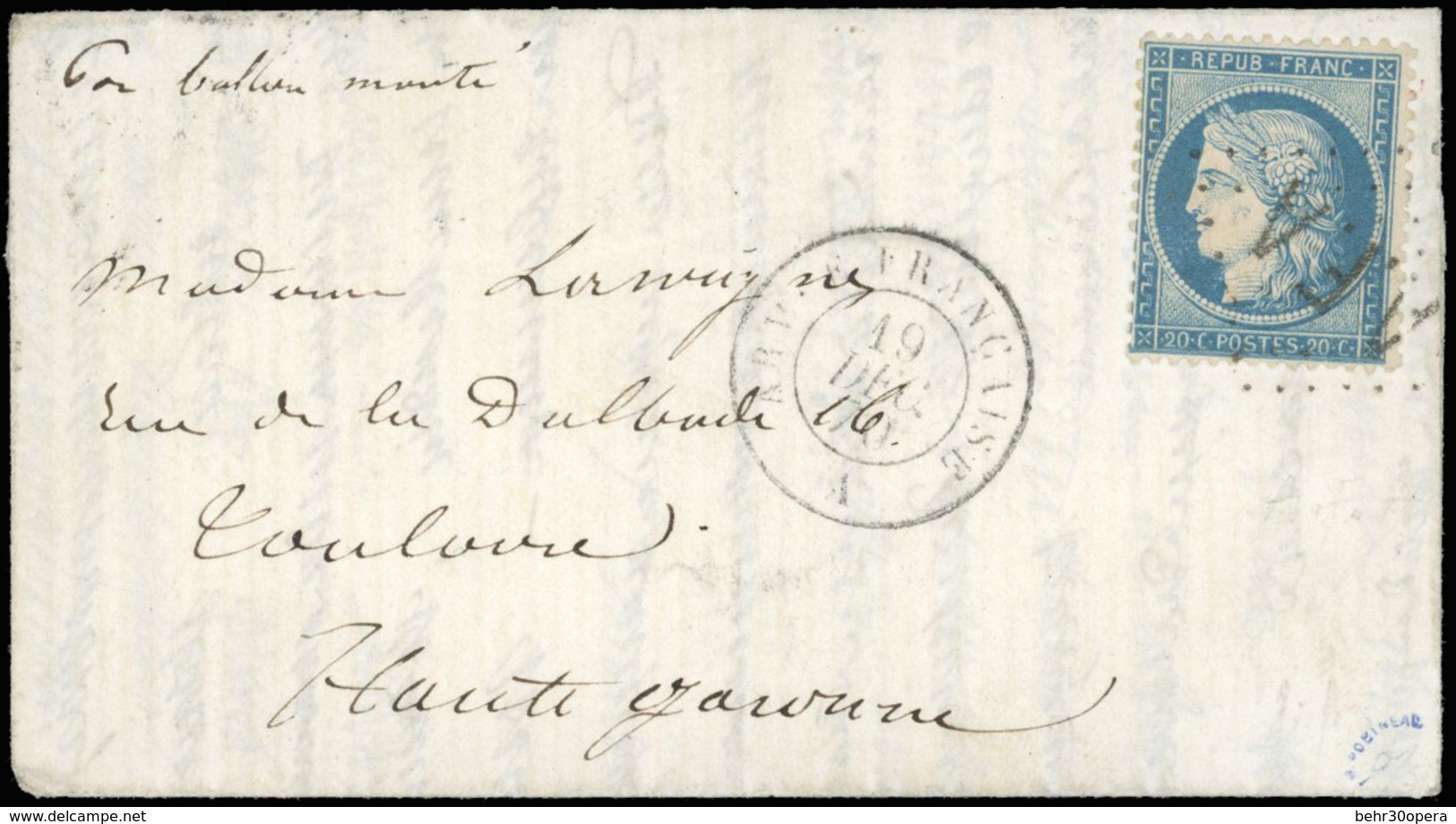 O N°37, LE LAVOISIER. 20c. Siège Obl. Losange ''A.F.A'' S/lettre Manuscrite De ST-MANDE Du 19 Décembre 1870, Frappée Du  - Guerre De 1870