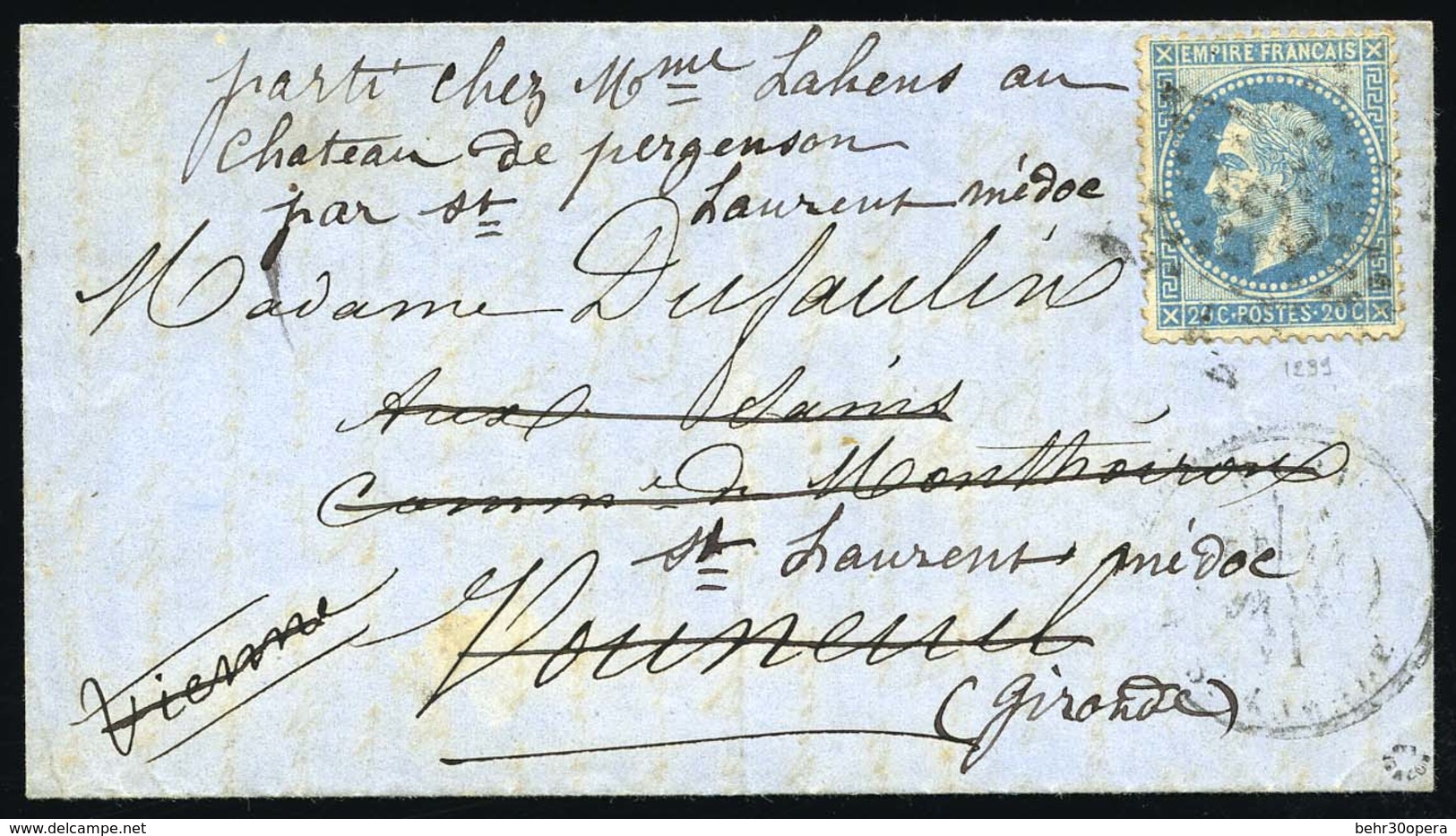 O LE GENERAL FAIDHERBE. 20c. Lauré Obl. Etoile 2 S/lettre Frappée Du CàD De Paris Du 11 Janvier 1871 à Destination De VO - Guerre De 1870