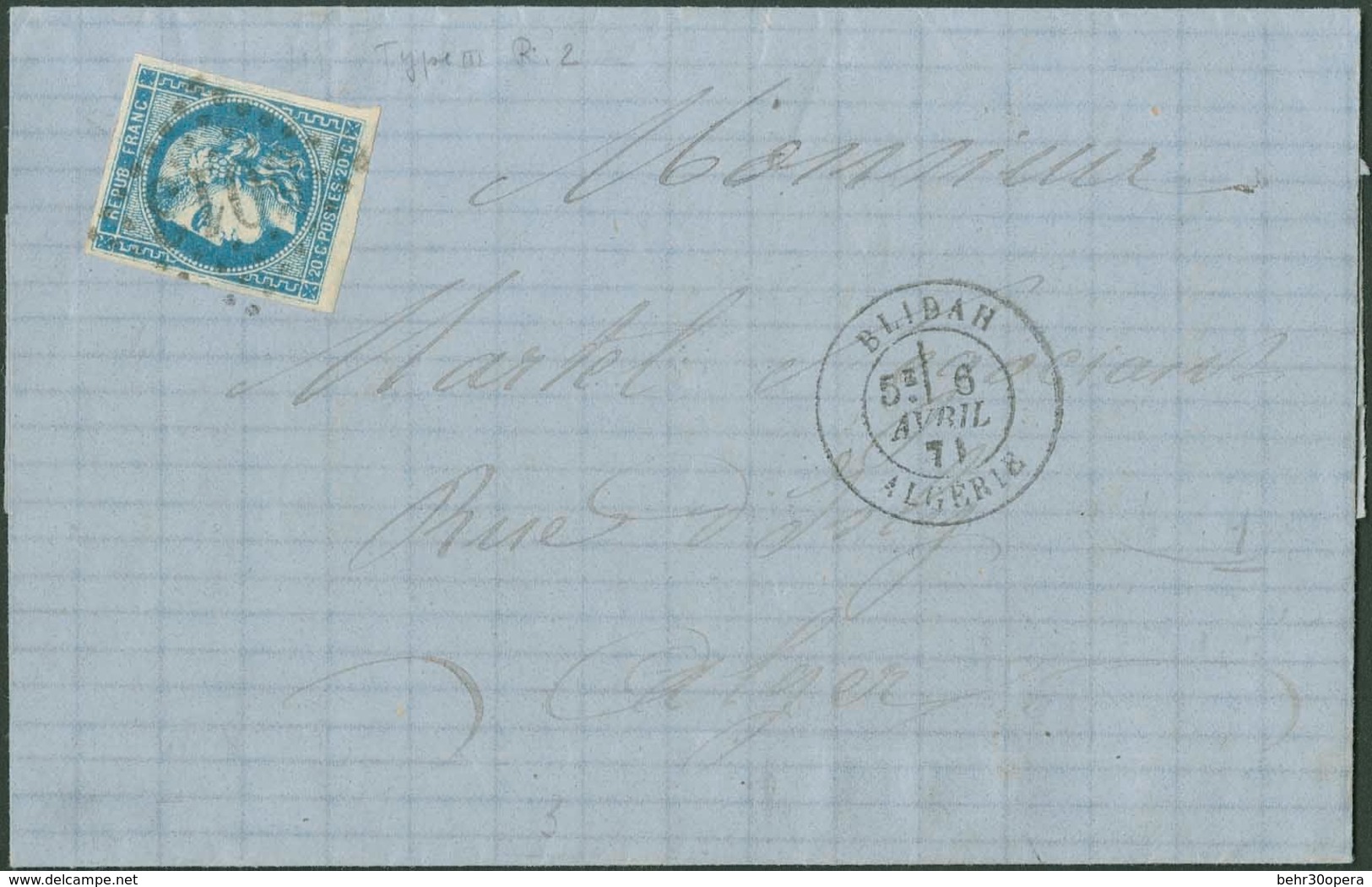 O N°46B, 20c. Obl. GC.5013. Sur Lettre Frappée Du CàD De BLIDAH Du 6 AVRIL 1871 à Destination D'ALGER. SUP. - 1849-1876: Periodo Clásico