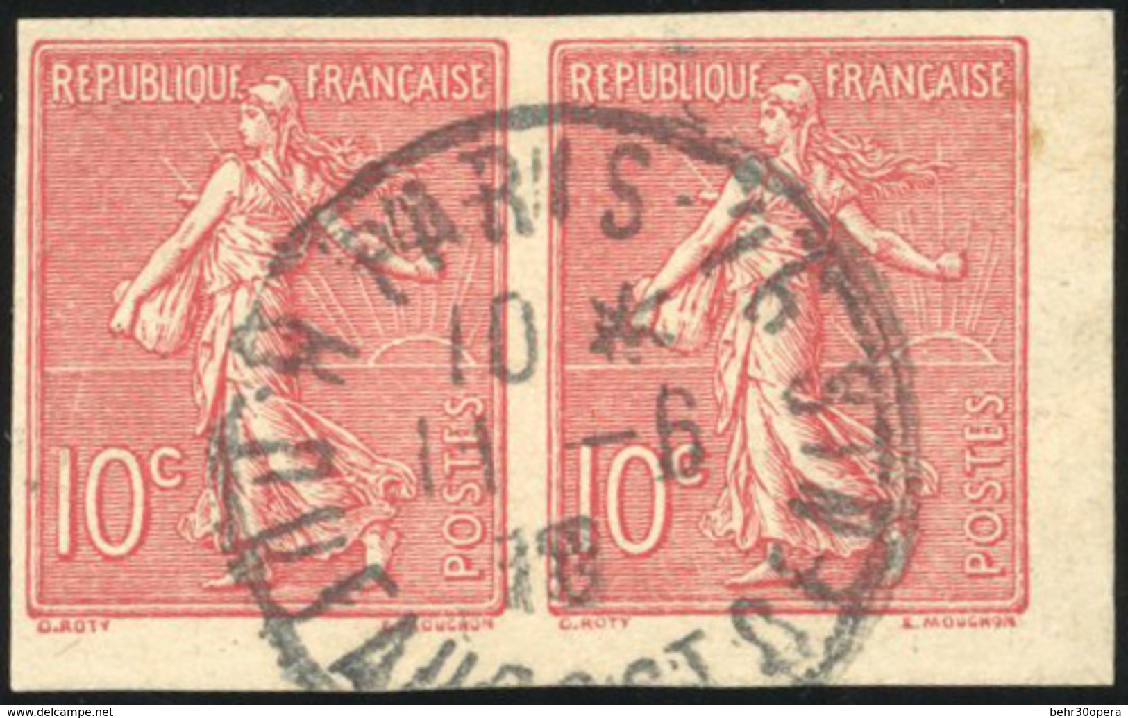 O N°129, 10c. Rose. Paire ND. Petit Coin De Feuille. Oblitération Centrale PARIS Du 11 Juin 1918. SUP. - Otros & Sin Clasificación