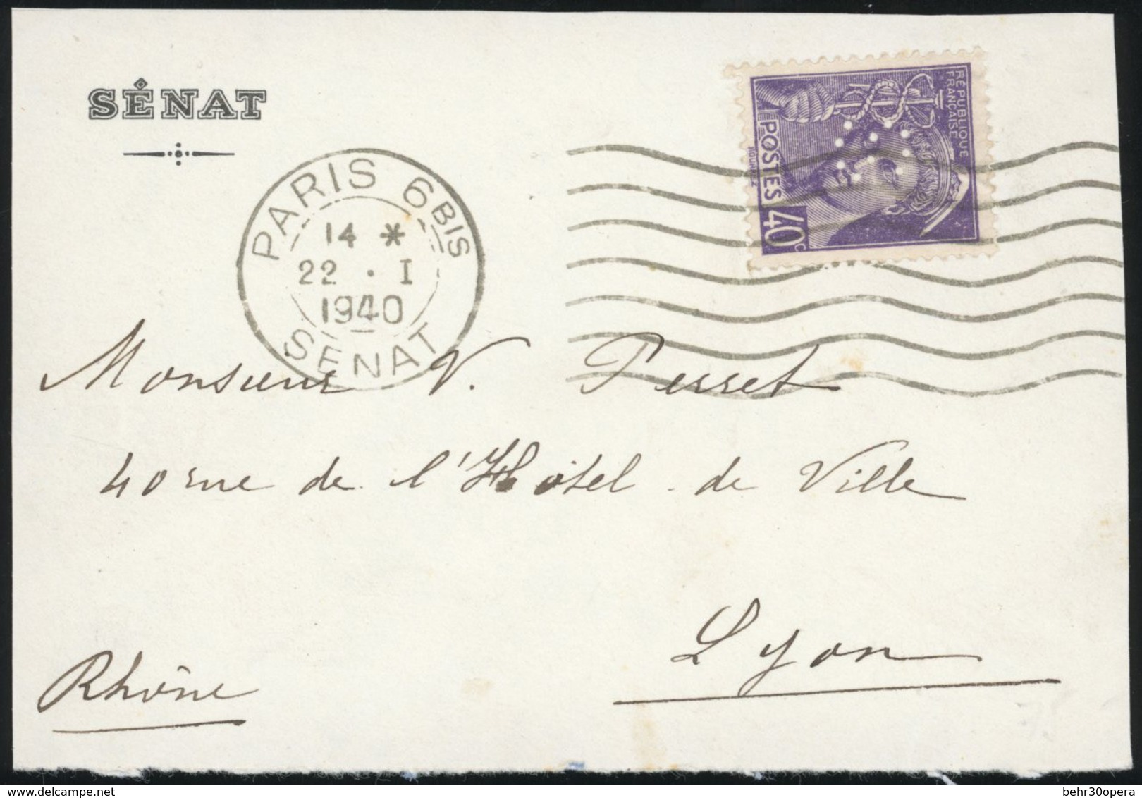 O N°413431, 40c. Mercure Violet, Perforé Sénat Obl. SENAT S/devant De Lettre + 1F. Iris Vert Obl. SENAT S/devant De Lett - Autres & Non Classés