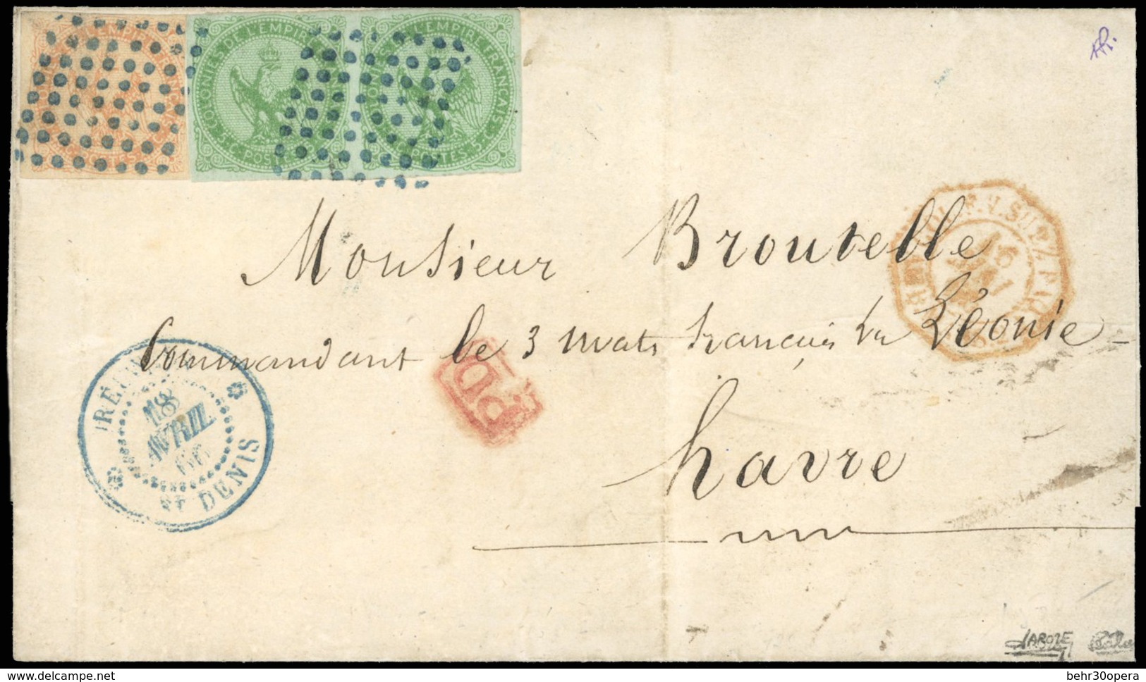 O N°2x 2 + 5, Paire Du 5c. Vert + 40c. Vermillon Obl. Losange De Points Bleus S/lettre Frappée Du CàD Bleu REUNION - ST- - Otros & Sin Clasificación