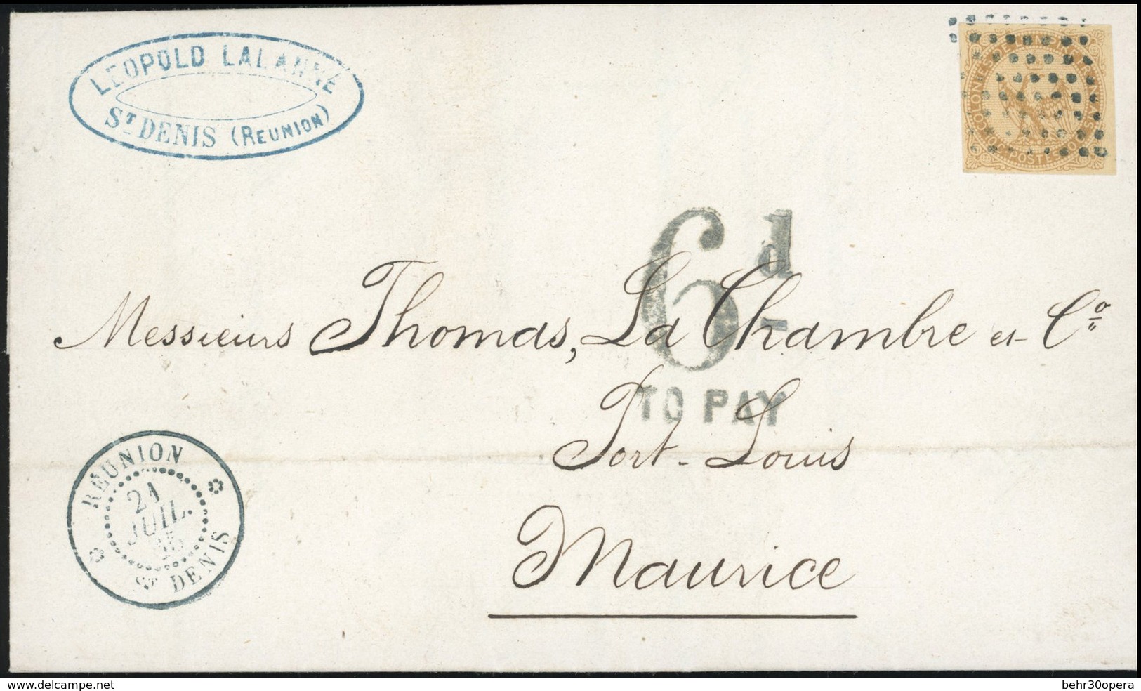 O N°3, 10c. Aigle. Bistre-Jaune. Imprimé Posté à Saint Denis, Reunion, Le 21 Juillet 1865. Destination De L'Ile Maurice, - Autres & Non Classés