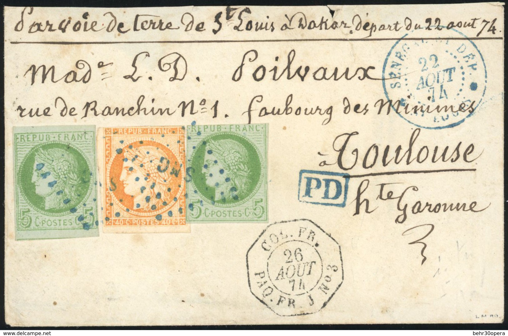 O N°13+ 17x2, 40c. Orange + 5c. Vert S/azuré X 2 Obl. ''SNG'' En Bleu S/lettre Frappée Du Cachet Bleu SENEGAL ET DEP. Du - Autres & Non Classés