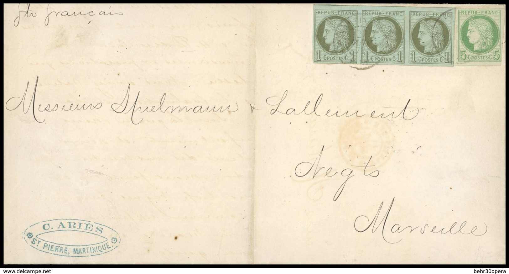 O N°1417, 1c. Vert-olive Bande De 3 + 5c. Vert Obl. Sut Imprimé Complet Frappé Du CàD De ST PIERRE MARTINIQUE Du 2 JANVI - Autres & Non Classés