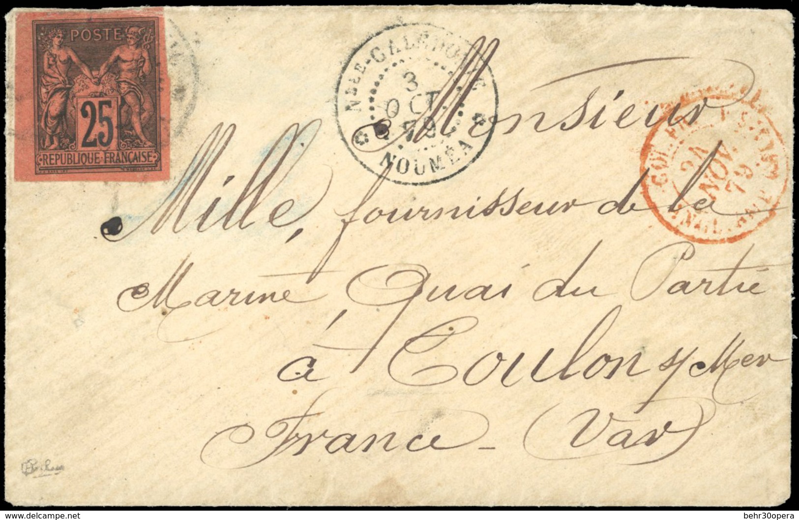 O N°43, 25c. Noir Sur Rouge Obl. Sur Lettre Frappée Du CàD De NOUVELLE CALEDONIE Du 3 OCTOBRE 1879 à Destination De TOUL - Otros & Sin Clasificación