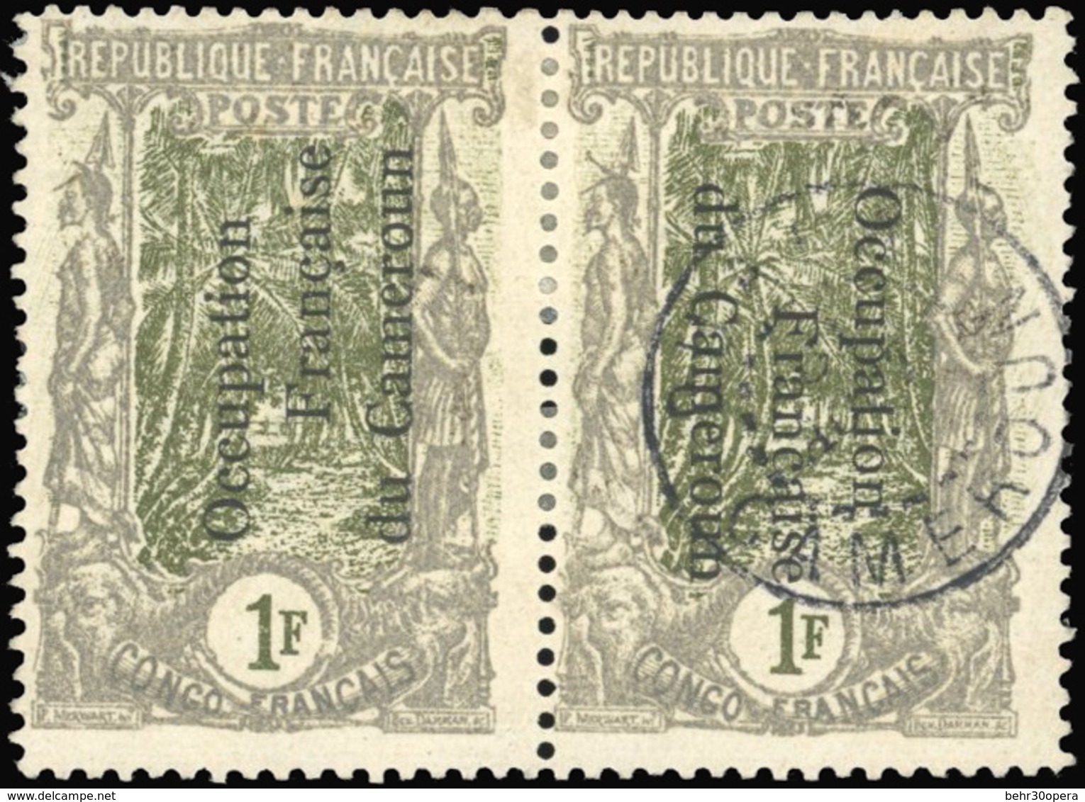 * N°65b, 1F. Gris Et Brun-olive. Paire Verticale Avec Surcharge Tête-Bêche. 1 Timbre Neuf Et L'autre Obl. Très Belle Piè - Otros & Sin Clasificación