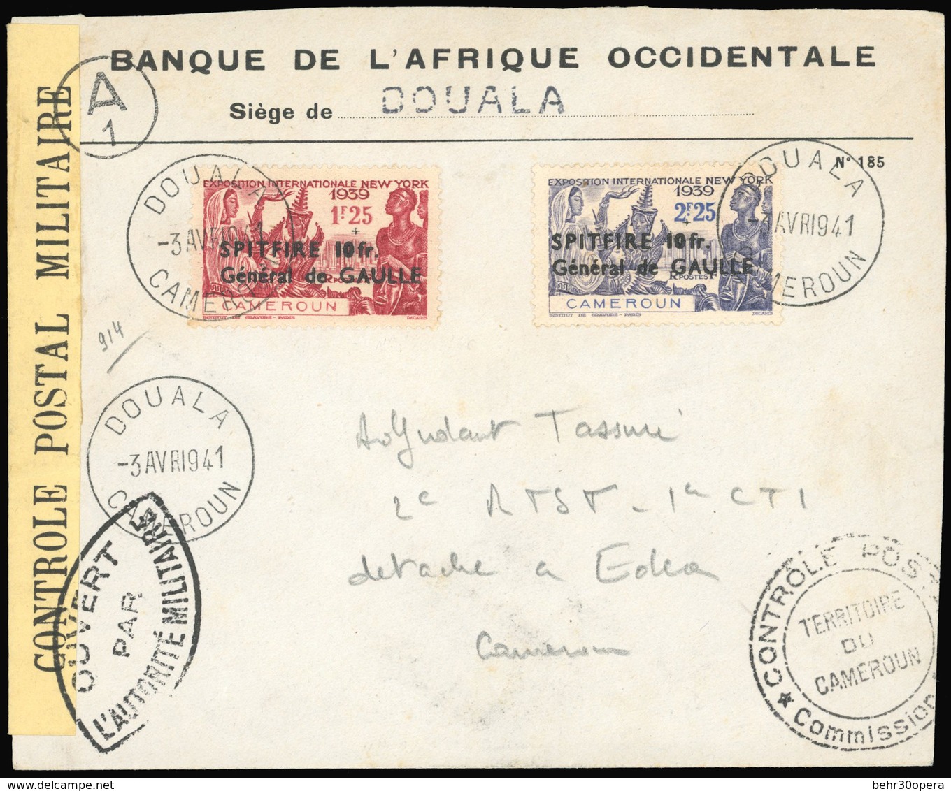 O N°245246, 2 Valeurs Obl. S/lettre Recommandée Frappée Du CàD De DOUALA Du 3 Avril 1941 à Destination D'EDEA. Cachet D' - Autres & Non Classés