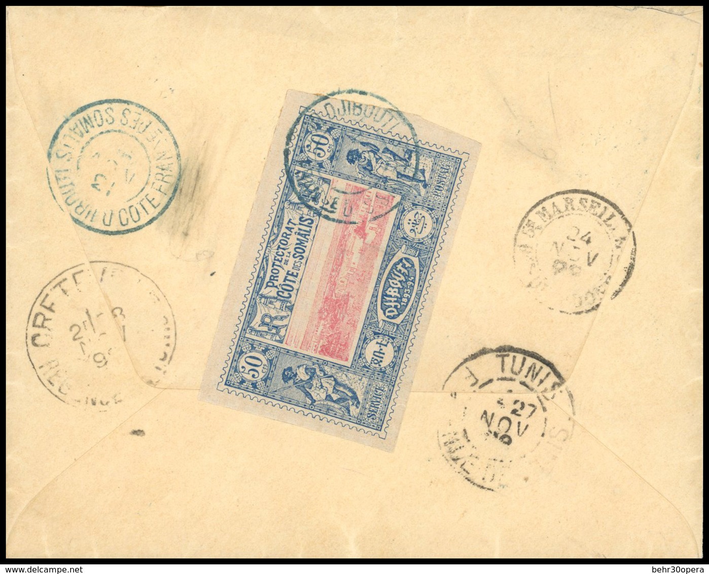 O N°15, 50c. Bleu Et Rose Obl. Au Verso D'une Lettre Frappée Du CàD De DJIBOUTI Du 12 NOVEMBRE 1898 à Destination De CRE - Otros & Sin Clasificación