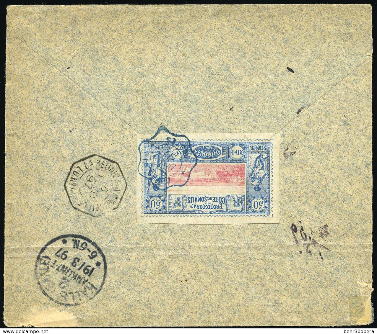 O N°15, 50c. Bleu Et Rose. Obl. S/lettre Recommandée Frappée Du Cachet Ondulé DJIBOUTI 5 Mars 1897 à Destination De HALL - Otros & Sin Clasificación