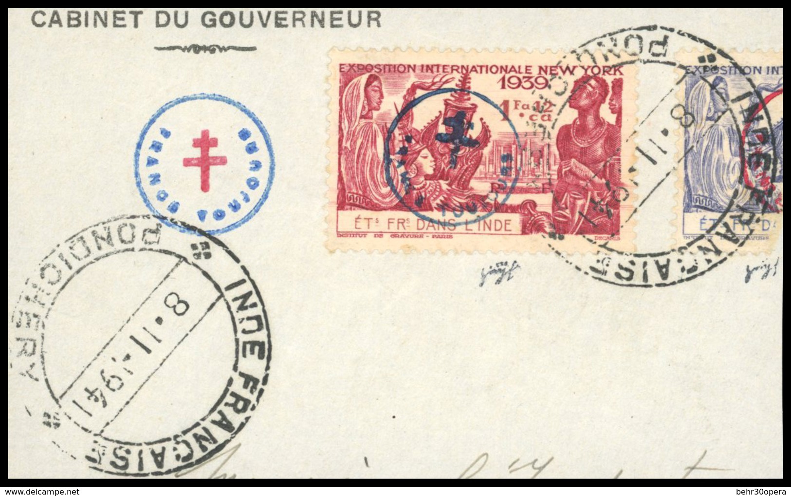 O N°230CC, 1fa. 12ca. Carmin Surchargé FRANCE TOUJOURS Obl. Sur Fragment Frappée Du CàD De INDE FRANCAISE Du 8 NOVEMBRE  - Otros & Sin Clasificación