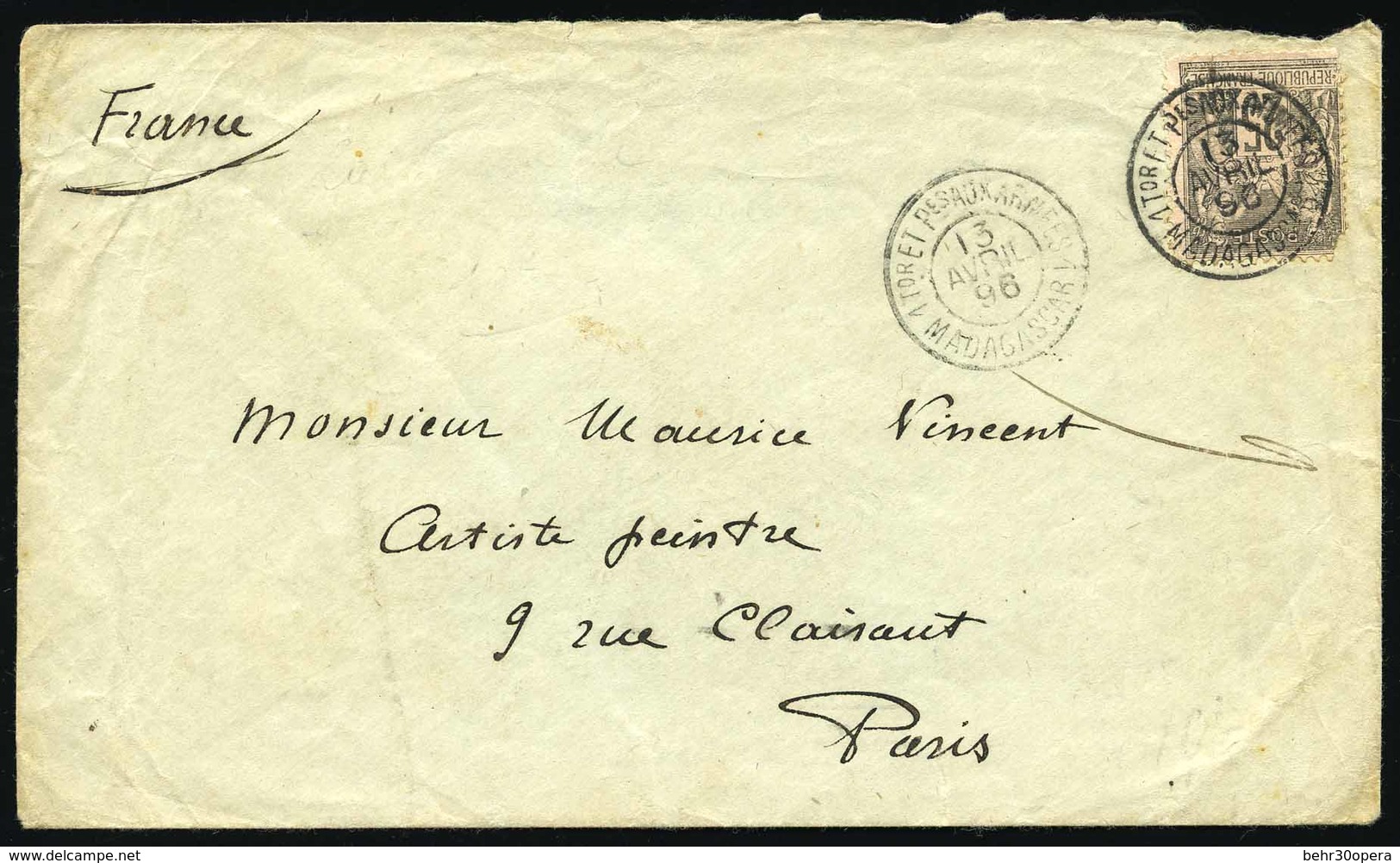 O Timbre De France N°97. 25c. (déf.) Obl. CàD ''MADAGASCAR 1-TOR ET PES AUX ARMEES 13 Avril 96'' S/lettre à Destination  - Otros & Sin Clasificación