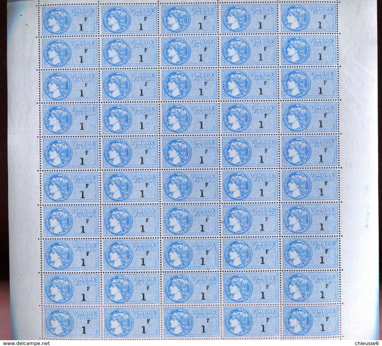 France ** Feuille De 50 Timbres Fiscaux 1f Bleu -- - Autres & Non Classés