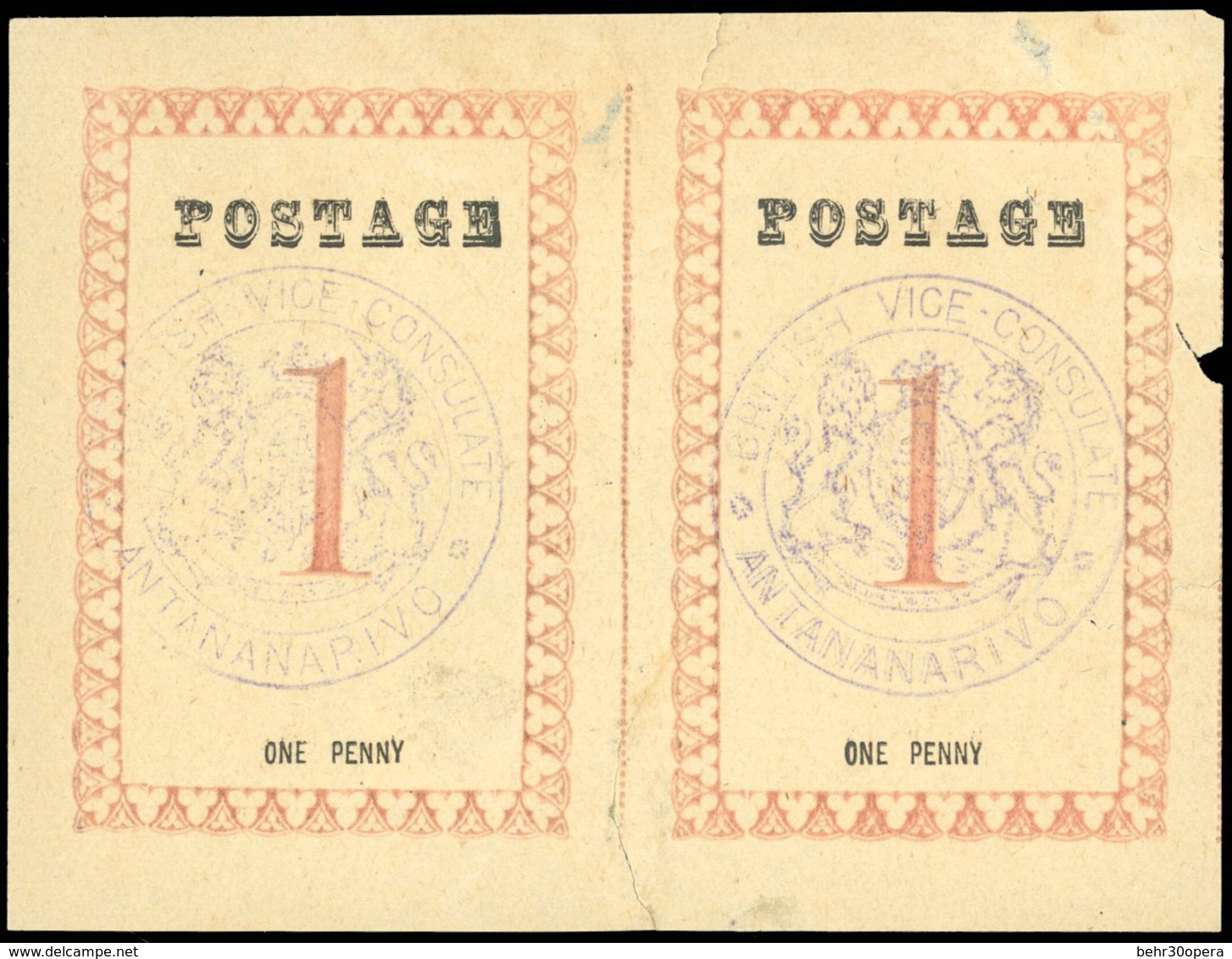 (*) N°21, 1d. Rose. Paire. Cachet ''BRITISH VICE-CONSULATE ANTANANARIVO'' En Violet. Sans Point Après ''POSTAGE'' Et ''P - Otros & Sin Clasificación