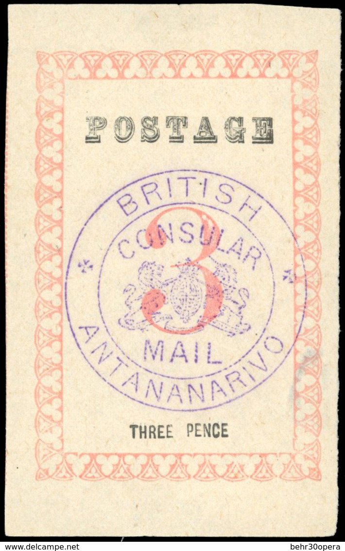 (*) N°40b, 3d. Rose. Cachet ''BRITISH CONSULAR MAIL ANTANANARIVO'' En Violet. Sans Point Après ''POSTAGE'' Et ''PENCE''  - Otros & Sin Clasificación